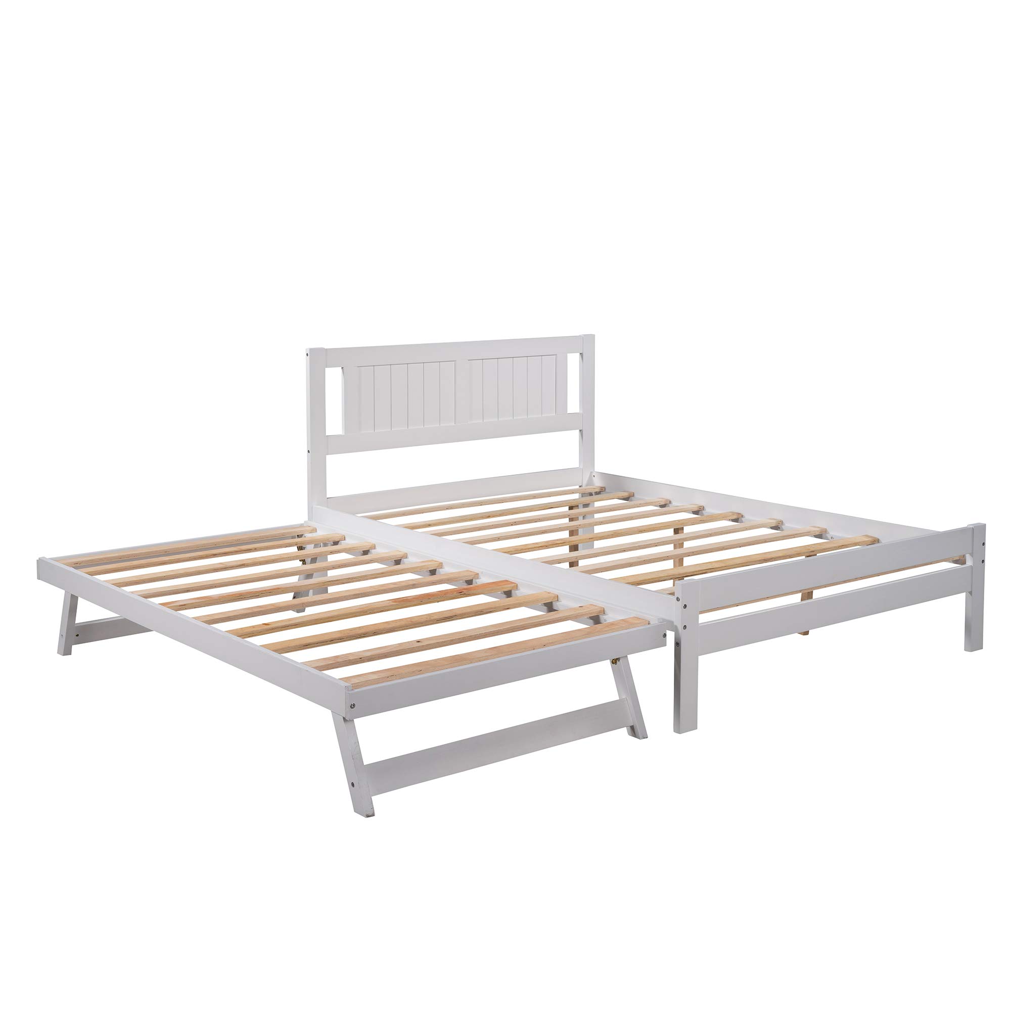 **Danxee Solid Wood Platform Bed with Adjustable Pull-Out Trundle & Headboard - Full Size, White - Perfect for Guest Rooms, Kids' Rooms & Small Spaces**