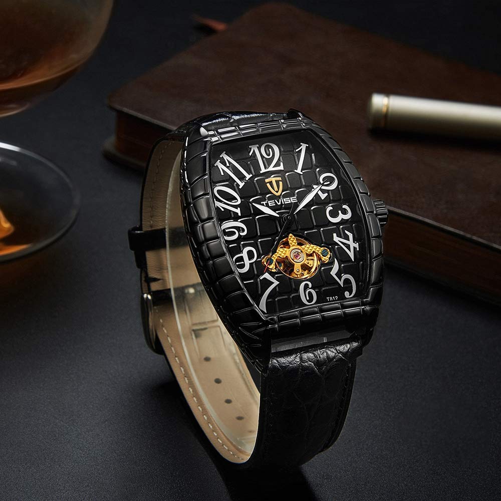 Premium Gosasa Men's Luxury Automatic Mechanical Watch - Black Leather Strap, Rectangle Dial, Fashionable & Cool Design | Perfect for Casual Wear, Business, and Special Occasions