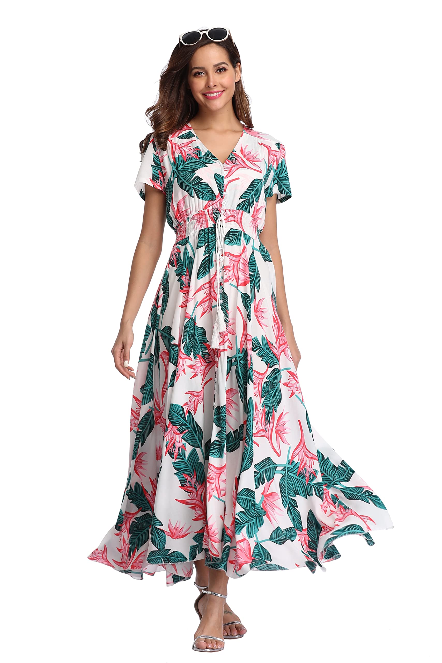 Boho Floral Maxi Dress for Women - Summer Button Up Long Dress with Side Slit & Flowy Skirt - Perfect for Beach Parties, Vacations & Casual Outings