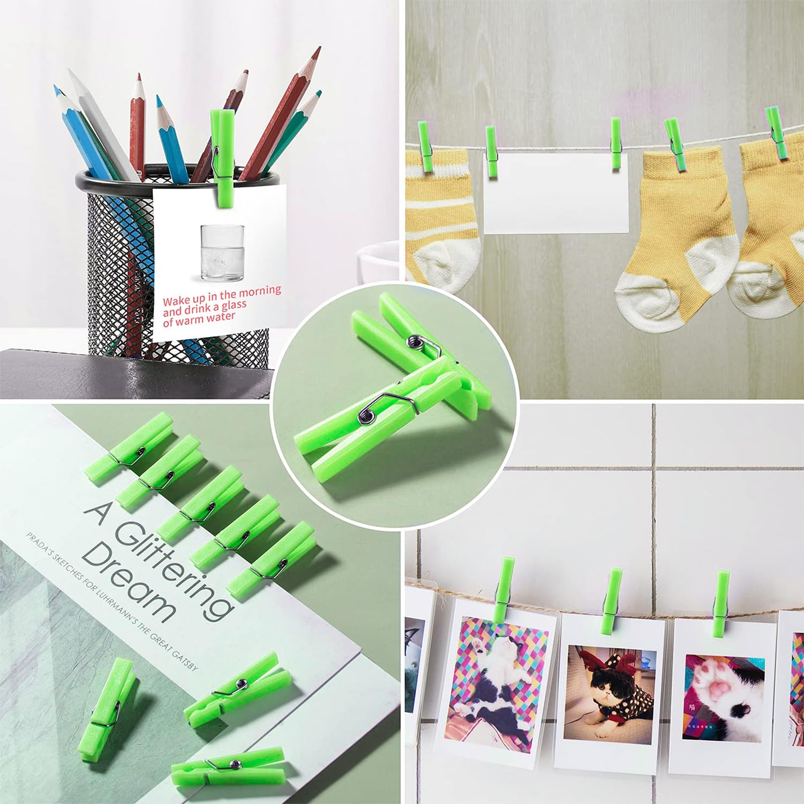 50 Pack Small Clear Plastic Clothespins - 1.4 x 0.25 Inch Mini Clips for Clothesline, Photos, DIY Crafts, Baby Showers & Party Decorations (Green) - Perfect for Hanging Laundry, Displaying Pictures, and Craft Projects