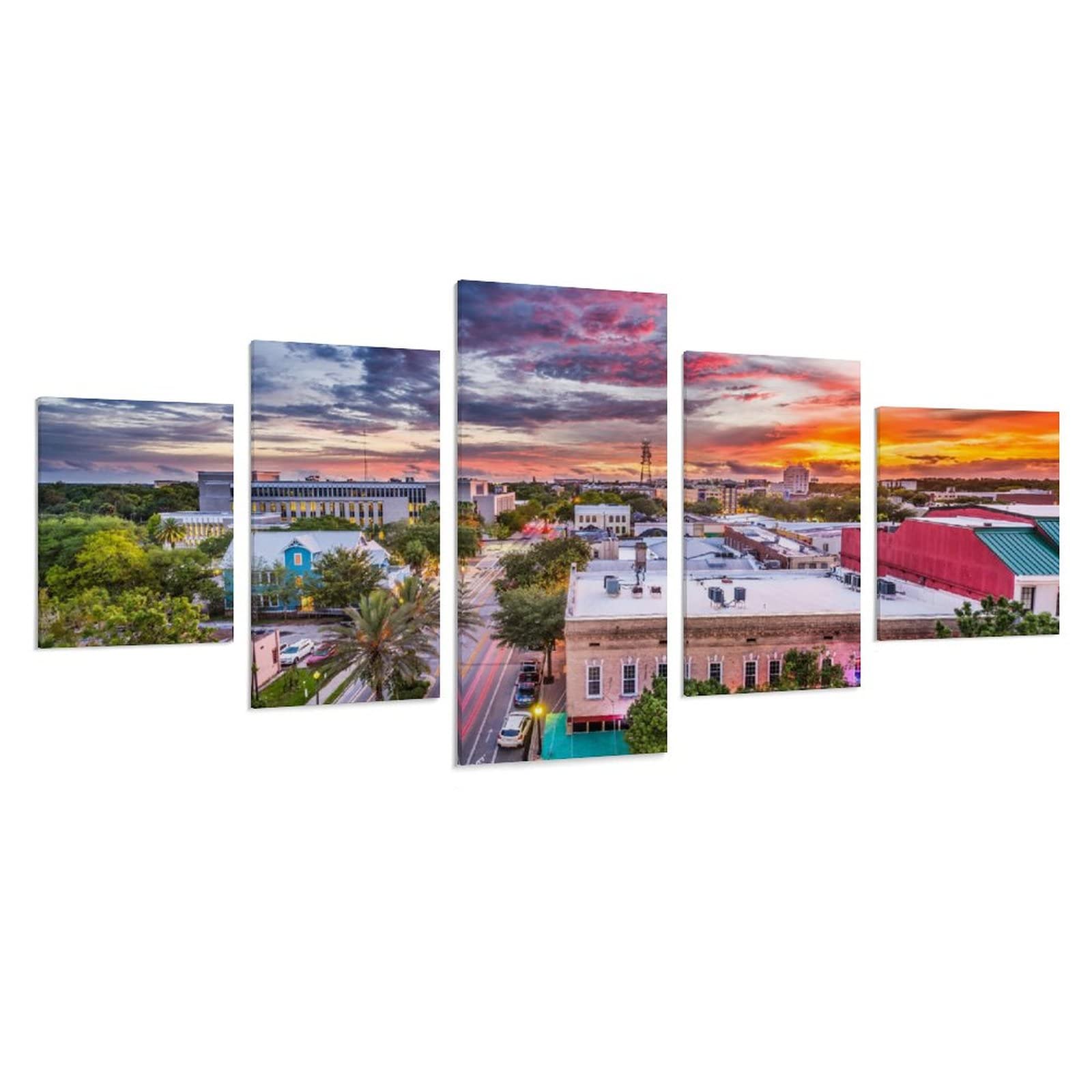 5-Piece Gainesville Fort Lauderdale Florida Wall Art Set - Cityscape Canvas Prints, Sunset Painting Posters (12x18inch x2, 12x24inch) - Perfect for Bedroom & Living Room Decor | Coastal Home Decor, Office Wall Art, Gift Idea for Florida Lovers