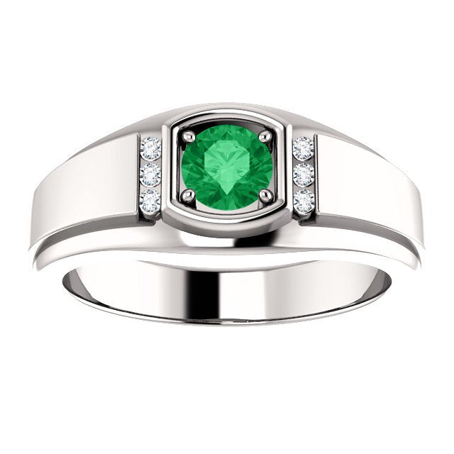 14K Gold Men's Emerald and Diamond Ring - 0.42ct Emerald & 0.09ct Diamond Wedding Band for Engagement, Anniversary, and Special Occasions