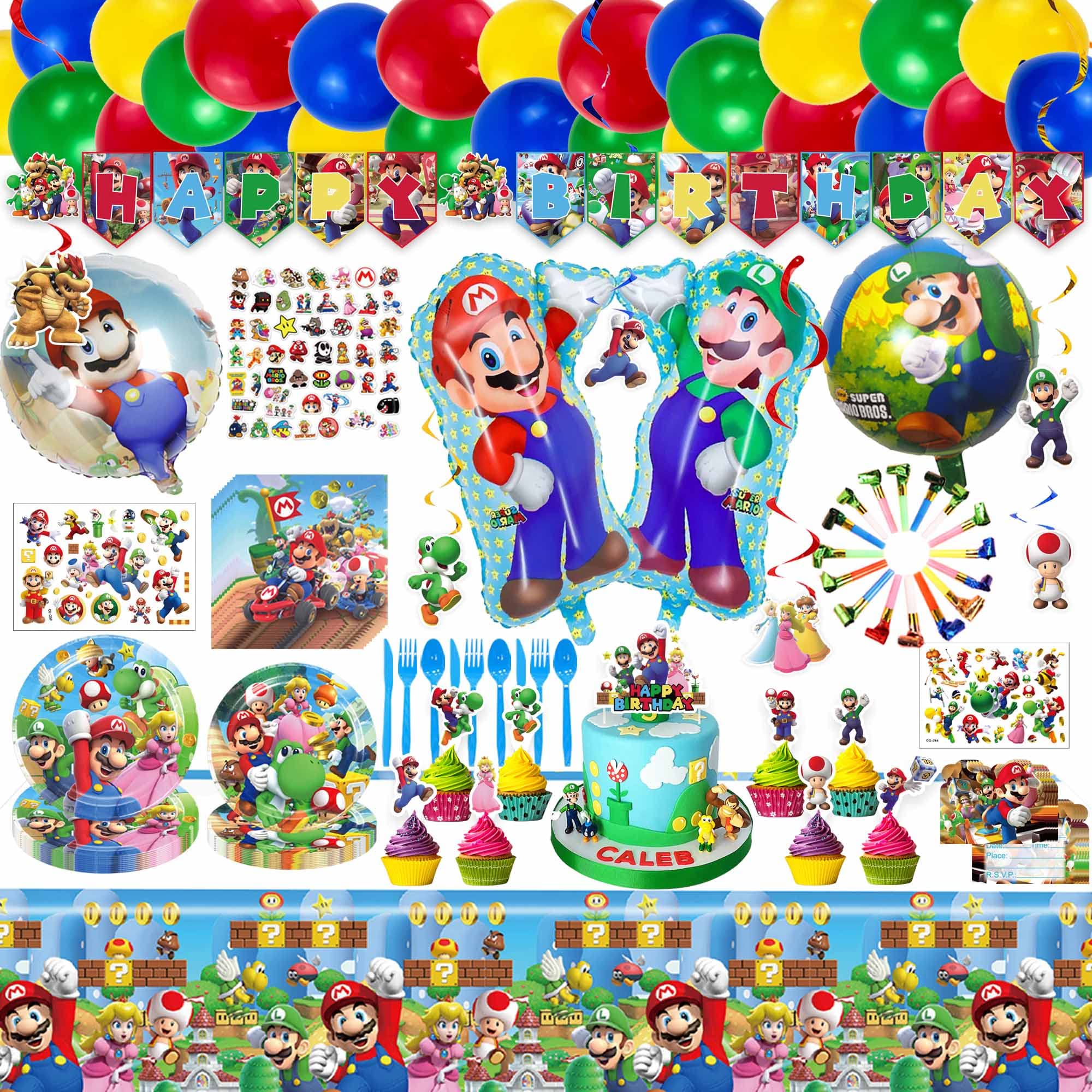 Super Mario Birthday Party Decorations Kit - Banner, Hanging Swirls, Tattoos, Invitations, Stickers, Blowers, Tableware, Cake Toppers & Balloons - Mario Bros Themed Party Supplies for Kids Birthday Celebration