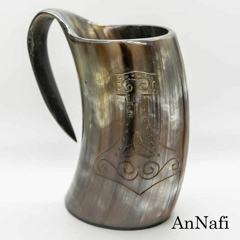 AnNafi® Authentic Viking Drinking Horn Set of 4 - Handcrafted Natural Horn Tankards for Beer, Wine & Mead - Game of Thrones Inspired Collection with Thor's Hammer Design - Perfect for Medieval Parties, Viking Themed Events & Home Decor