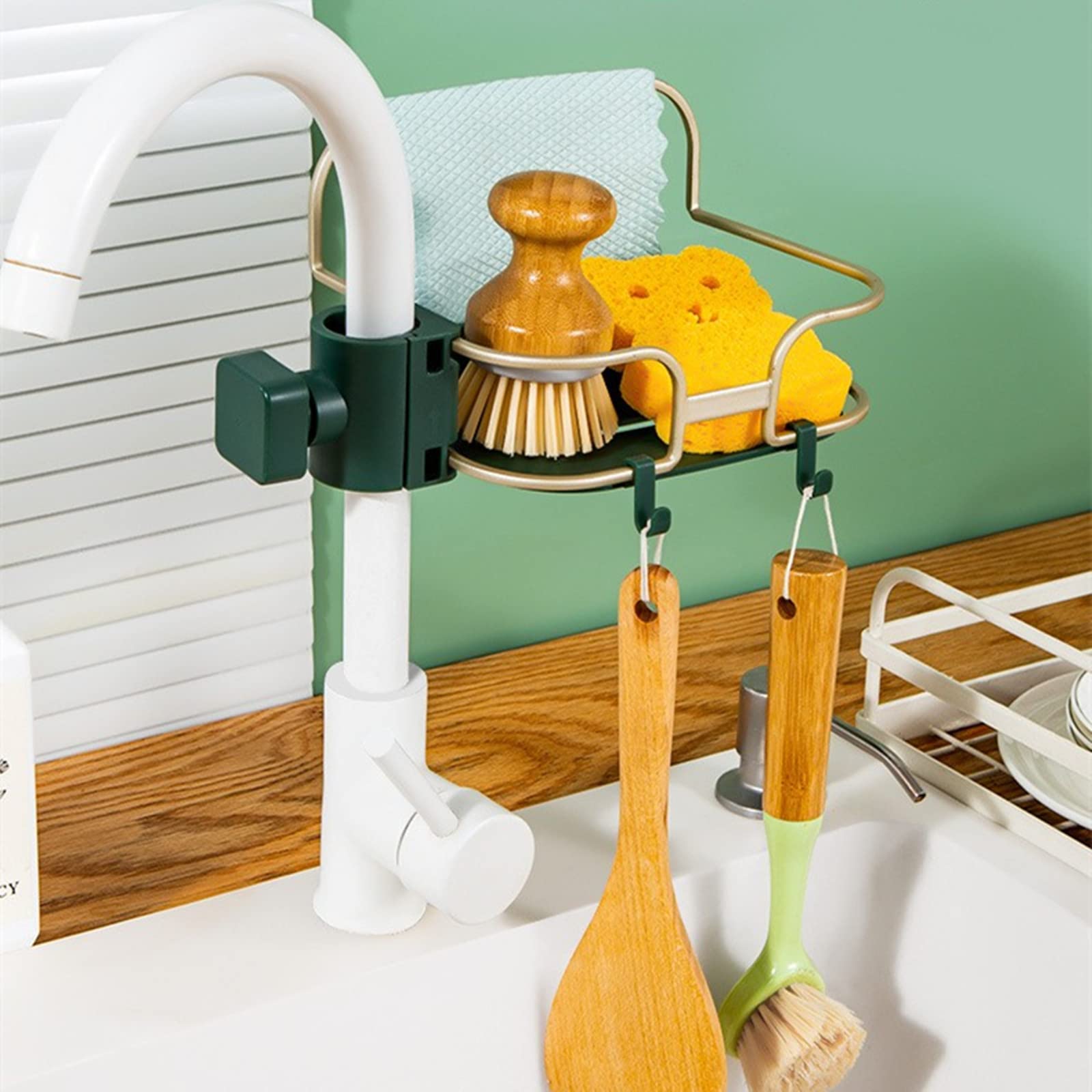 Stainless Steel Sponge Holder with Hook - Bathroom & Kitchen Organizer for Soap, Shampoo, Sponge & Scrubber - Drain Rack & Sink Storage Caddy - Perfect for Small Space Organization (Green) - Ideal for Kitchen Sink, Bathroom Counter & Under Cabinet Storage