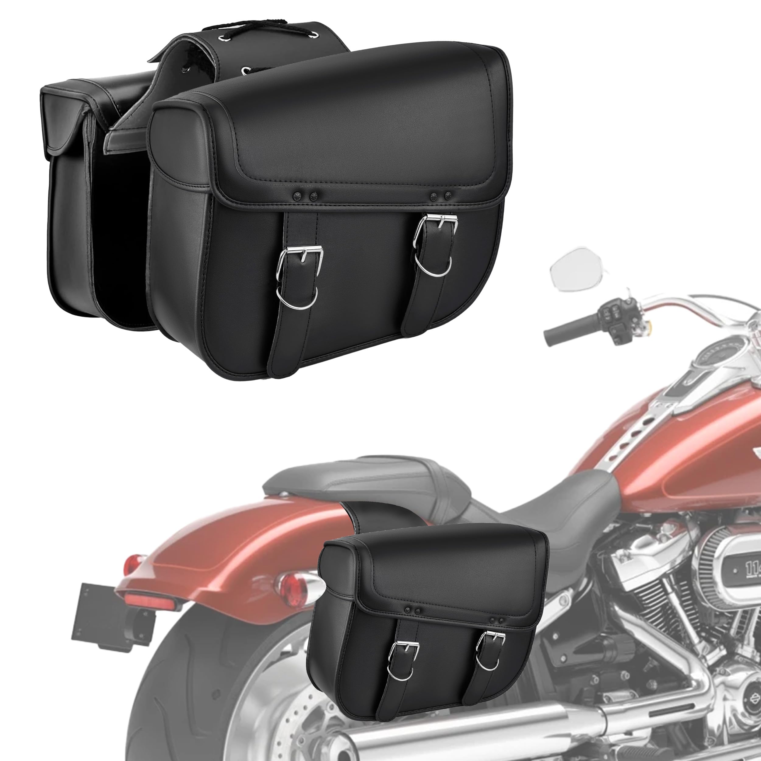 Premium Leather Motorcycle Saddlebags - Large Universal Fit Throw Over Bags for Cruiser & Touring Bikes (Black) | Waterproof Storage for Road Trips, Commuting & Adventure Riding