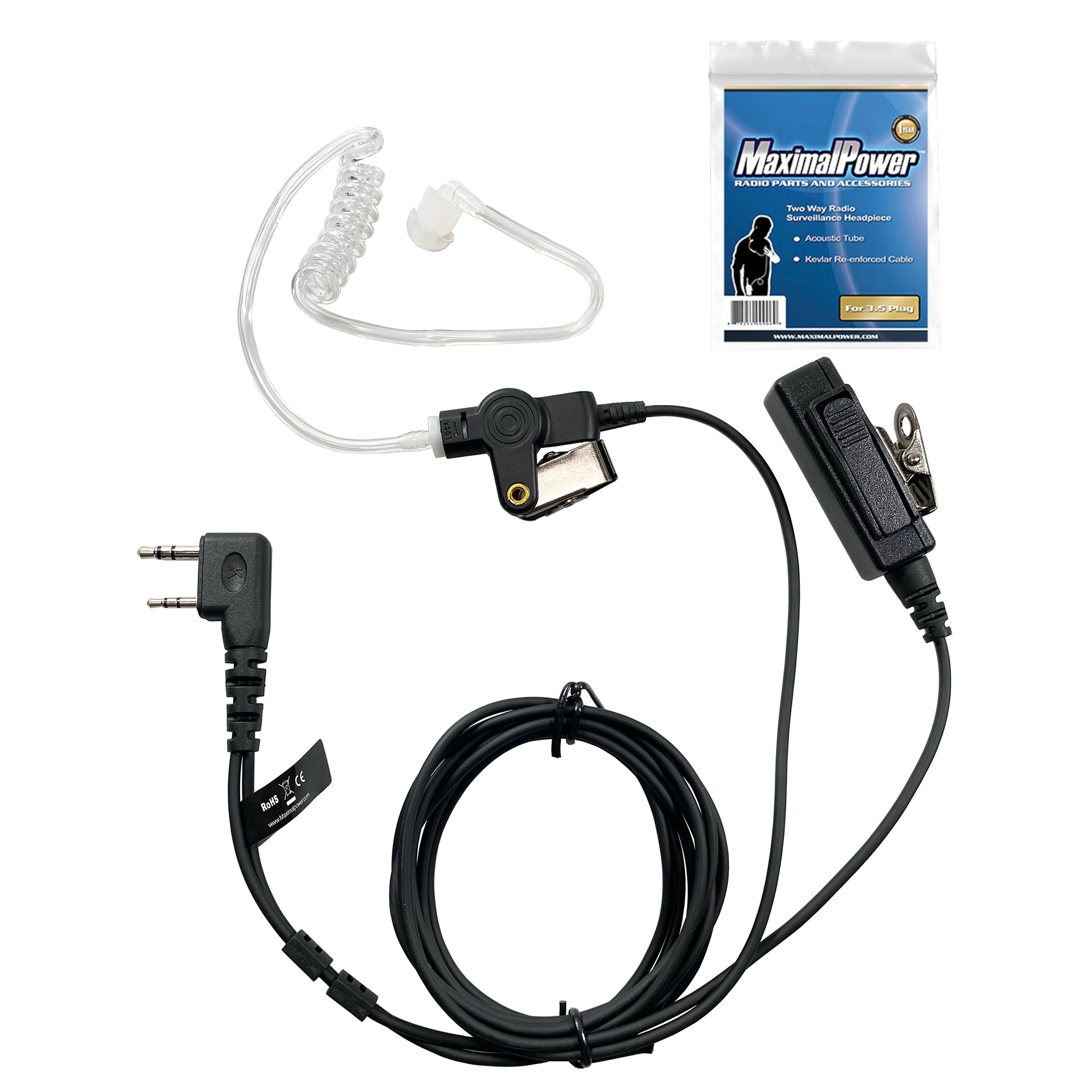 KENWOOD 2-Way Radio Covert Earbud Mic with KEVLAR Reinforced Coil Cord - 1 Wire 2 Pins Plug for Clear Communication | Perfect for Security, Construction & Outdoor Adventures