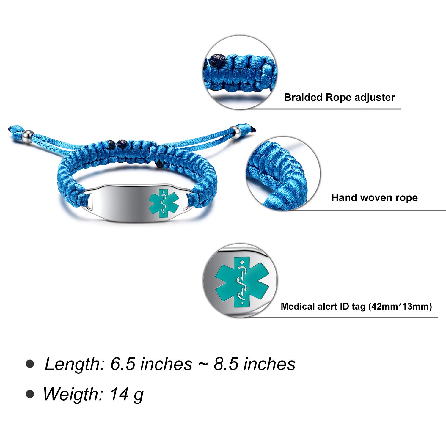 Custom Medical Alert Bracelets for Women - Free Engraving, Adjustable 6.5-8.5 Inches, Handmade Nylon Braided Rope ID Bracelet - Perfect for Allergies, Diabetes & Emergency Medical Identification