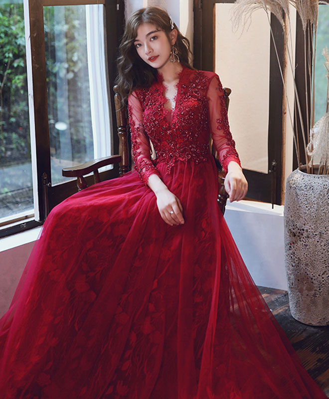 Elegant Burgundy V-Neck Tulle Lace Long Prom Dress for Women | Formal Evening Gown for Homecoming, Wedding, Party & Special Occasions