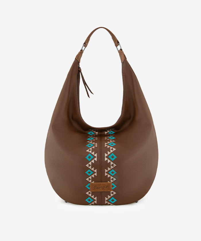 Wrangler Aztec Embroidered Wide Hobo Bag for Women - Stylish Boho Shoulder Purse with Tribal Pattern - Perfect for Casual Outings, Music Festivals & Travel Accessories