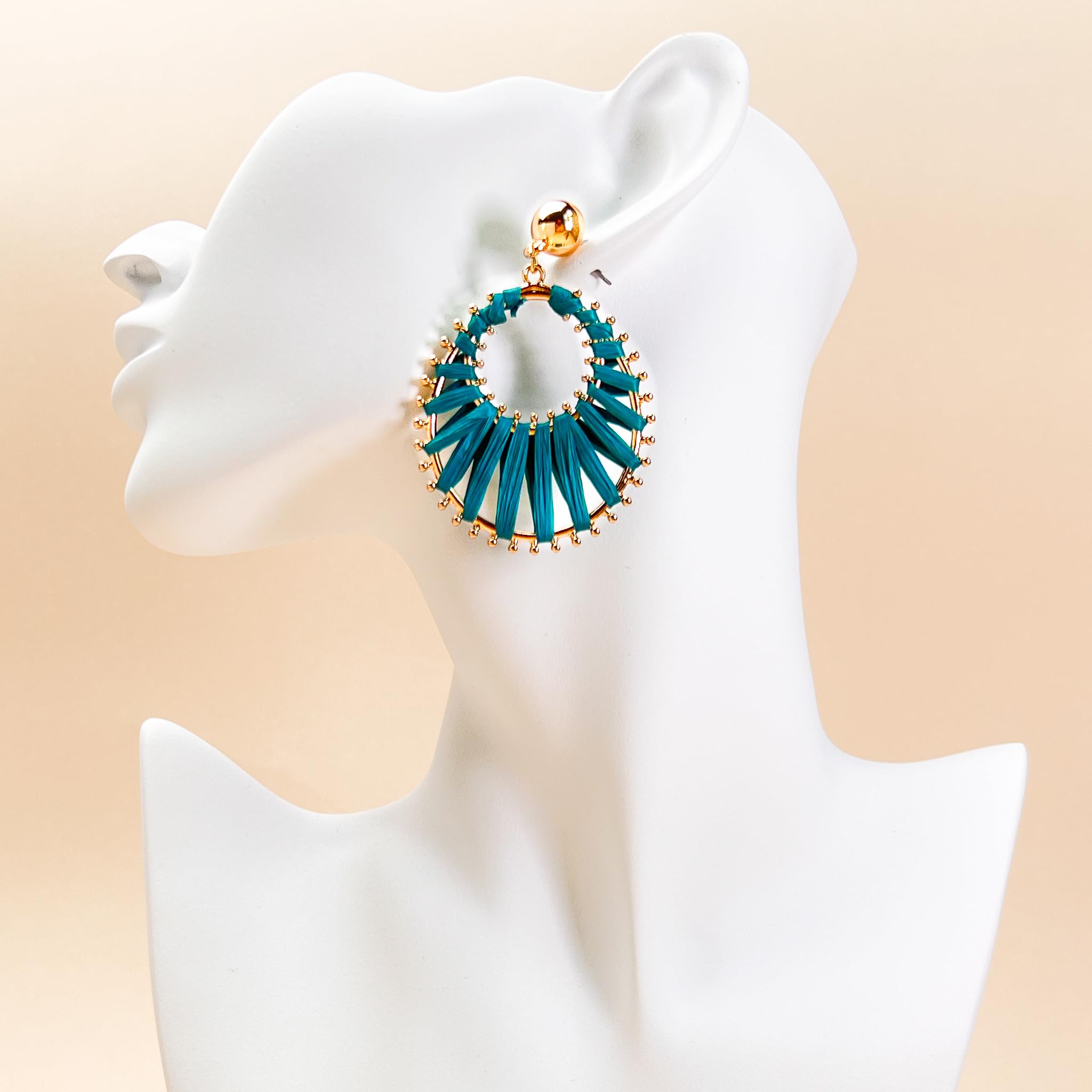 Boho Raffia Teardrop Earrings for Women – Large Statement Drop Dangle Earrings, Handmade Woven Fashion Jewelry for Prom, Beach Wedding, Bridal Shower & Summer Outfits