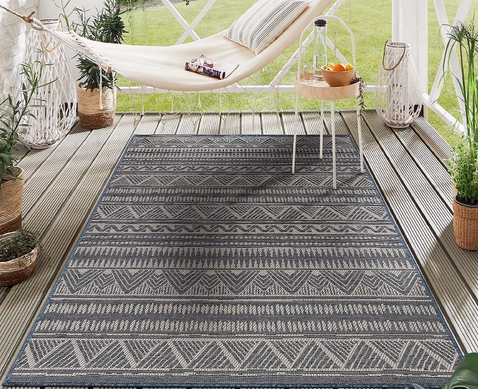 Bohemian Geometric Indoor Outdoor Rug - Non-Shedding Area Rug for Patio, Deck & Balcony | 7'10