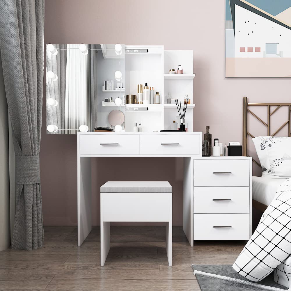 White Makeup Vanity Table with Mirror & 10-Light Bulbs - Cushioned Stool, 2 Shelves & 5 Drawers - 43.3