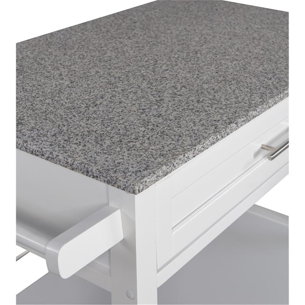Pemberly Row White Transitional Wood Kitchen Cart with Granite Top - Perfect for Small Spaces, Kitchen Storage & Serving Buffet Style