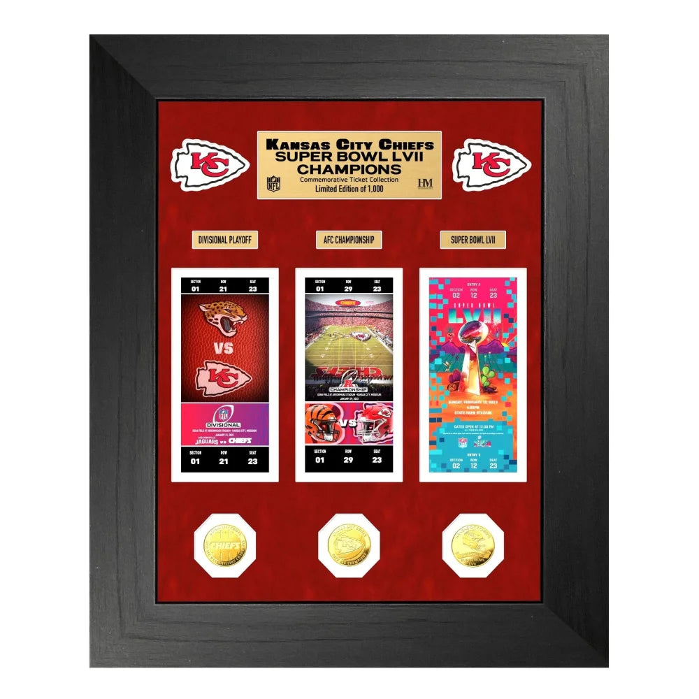 Kansas City Chiefs Super Bowl LVII Champions Commemorative Gold Coins & Tickets Framed Display - Limited Edition 1000/1000 - Perfect for Sports Memorabilia Collections & Man Cave Decor