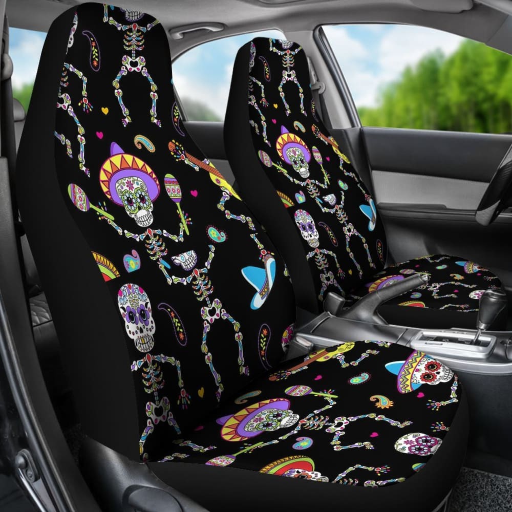 2 Pcs Sugar Skull Car Seat Covers - Universal Fit for Most Vehicles, Halloween Decor & Day of the Dead Accessories - Perfect for Car, Truck, SUV Interior Protection and Themed Parties