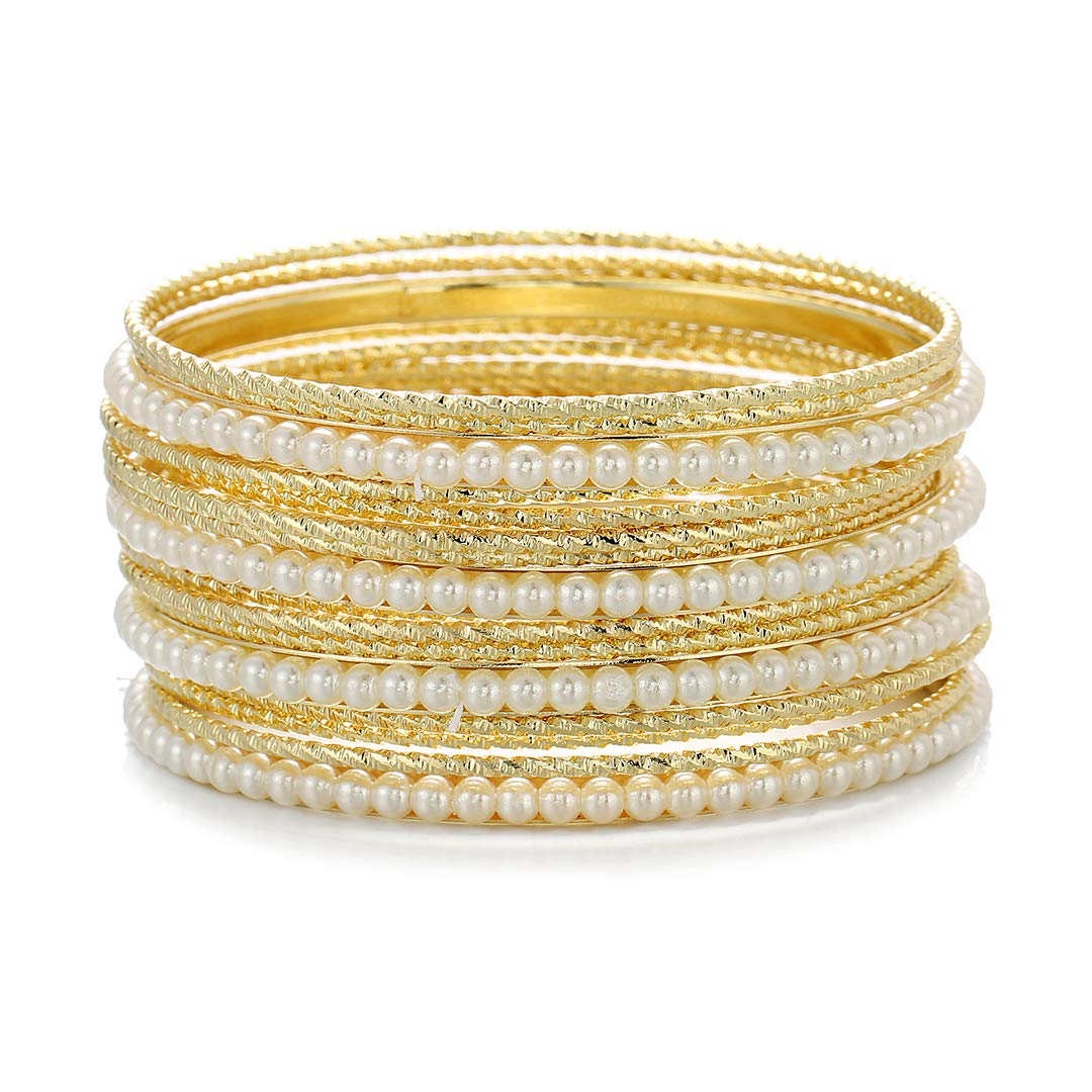 Ensoul Women's Acrylic Pearl & Glass Seed Bead Mixed Metal Bangle Bracelet Set - 17 Piece Boho Jewelry for Casual Wear, Parties & Gifts