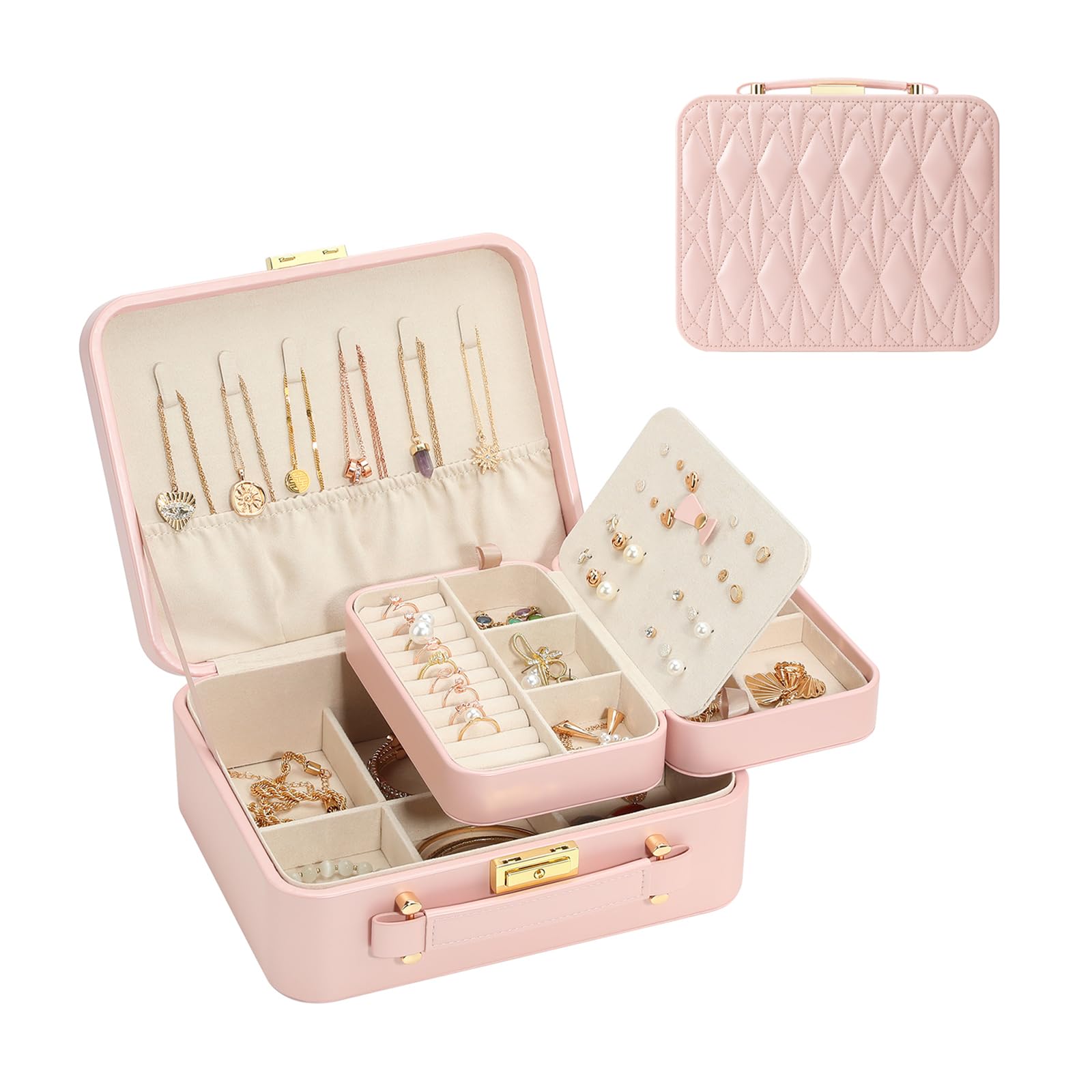 Large Jewelry Travel Case for Women - Pink Jewelry Organizer Box with Necklace Holder, Perfect for Travel, Gifts & Daily Storage