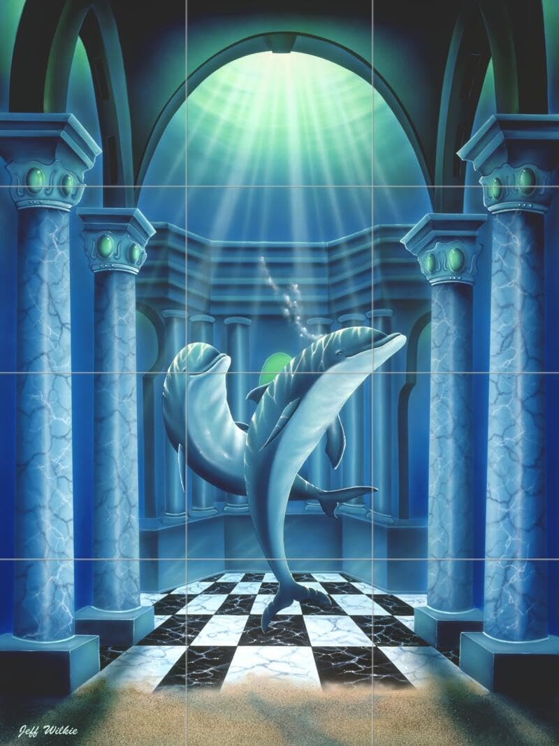 Ceramic Backsplash Tile Mural with Dolphin & Whale Underwater Ocean Scene - Waterproof Kitchen Bathroom Shower Wall Decor - Perfect for Coastal Home, Beach House, Spa Retreat