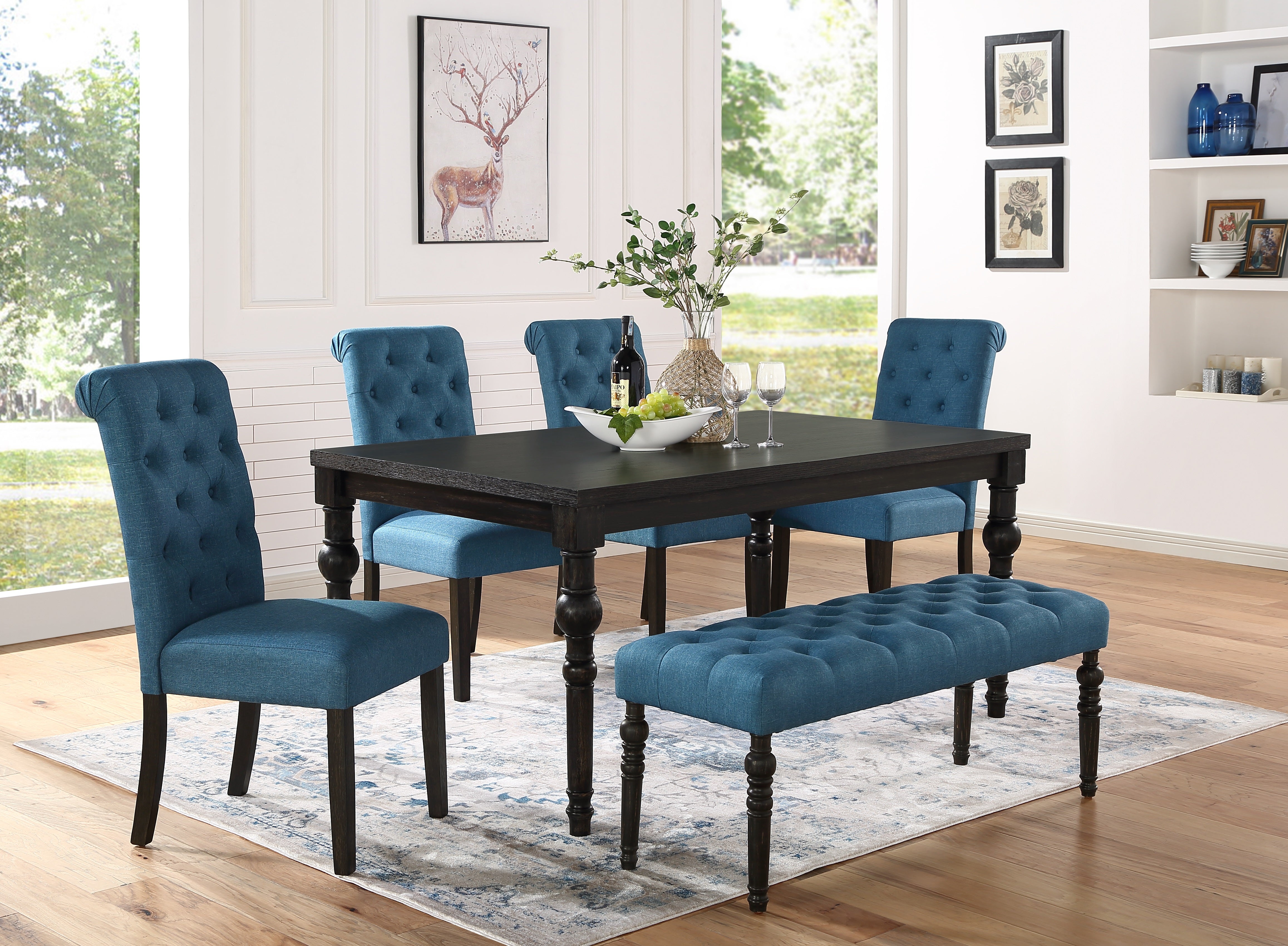 Roundhill Furniture Leviton Urban Style Dark Wash Wood Dining Set - 5-Piece Table with 4 Chairs & Bench for Kitchen, Dining Room, Breakfast Nook | Rustic Farmhouse Decor