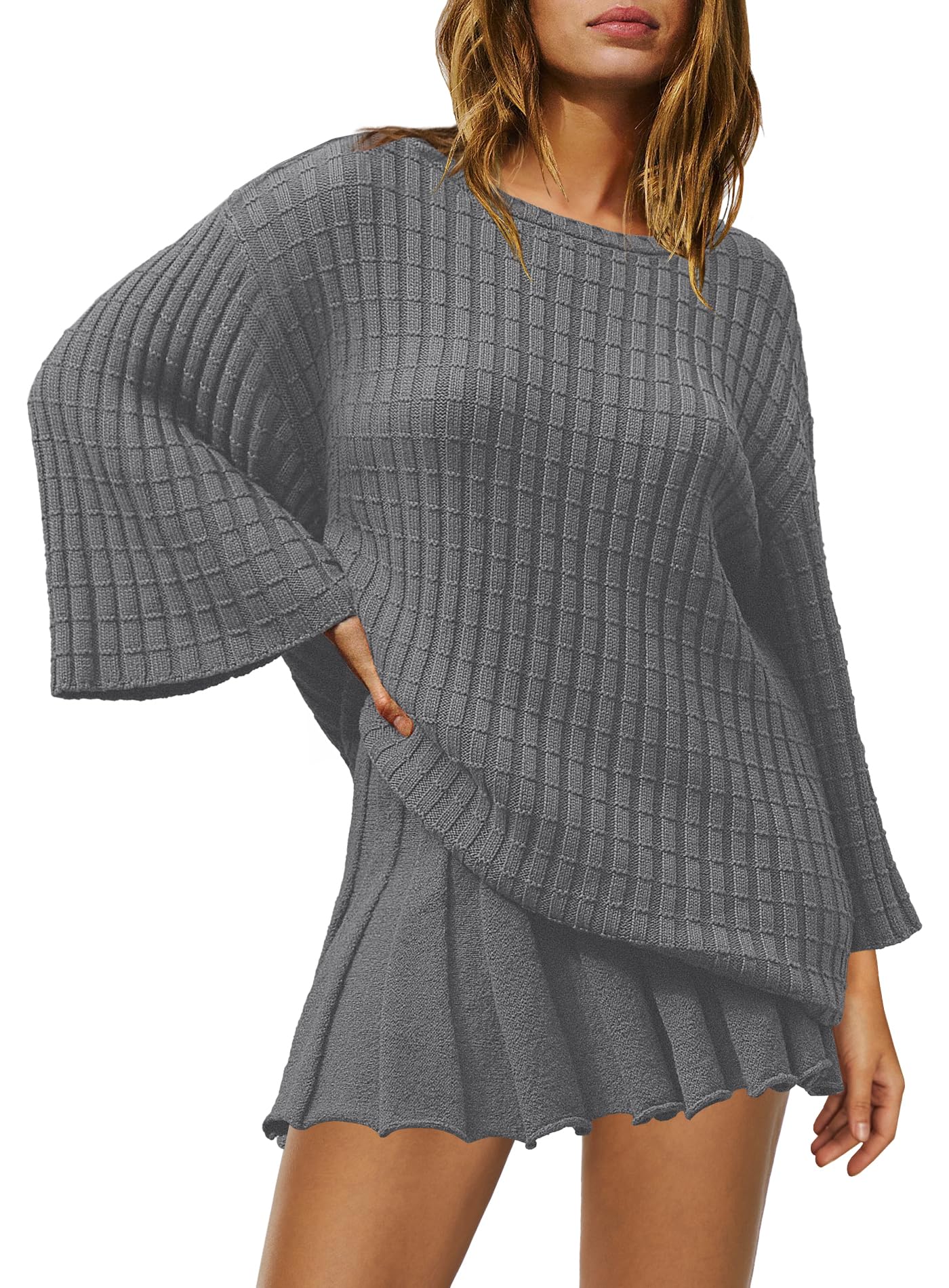 Yanekop Women's 2-Piece Sweater Skirt Set - Loose Matching Lounge Outfit, Comfy Pajama Set with Long Sleeve Top & Skirt | Perfect for Relaxing at Home, Casual Wear & Cozy Winter Outfits