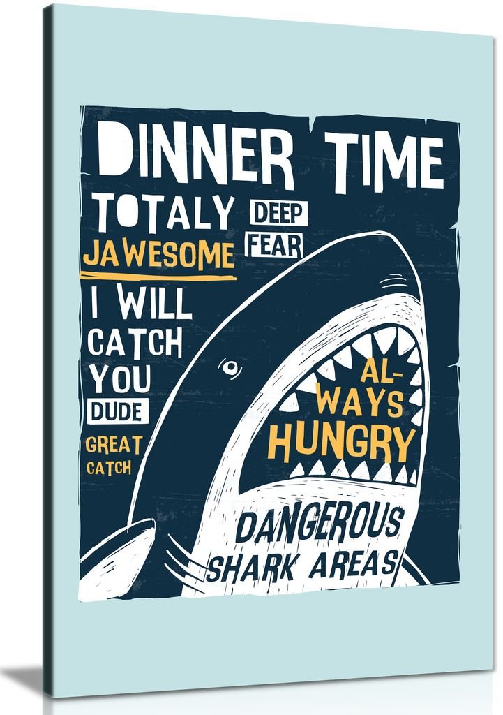 Hungry Shark Canvas Wall Art for Boys Kids Nursery & Bedroom - 36x24 Inch Ocean Themed Print - Perfect for Shark Lovers & Underwater Decor
