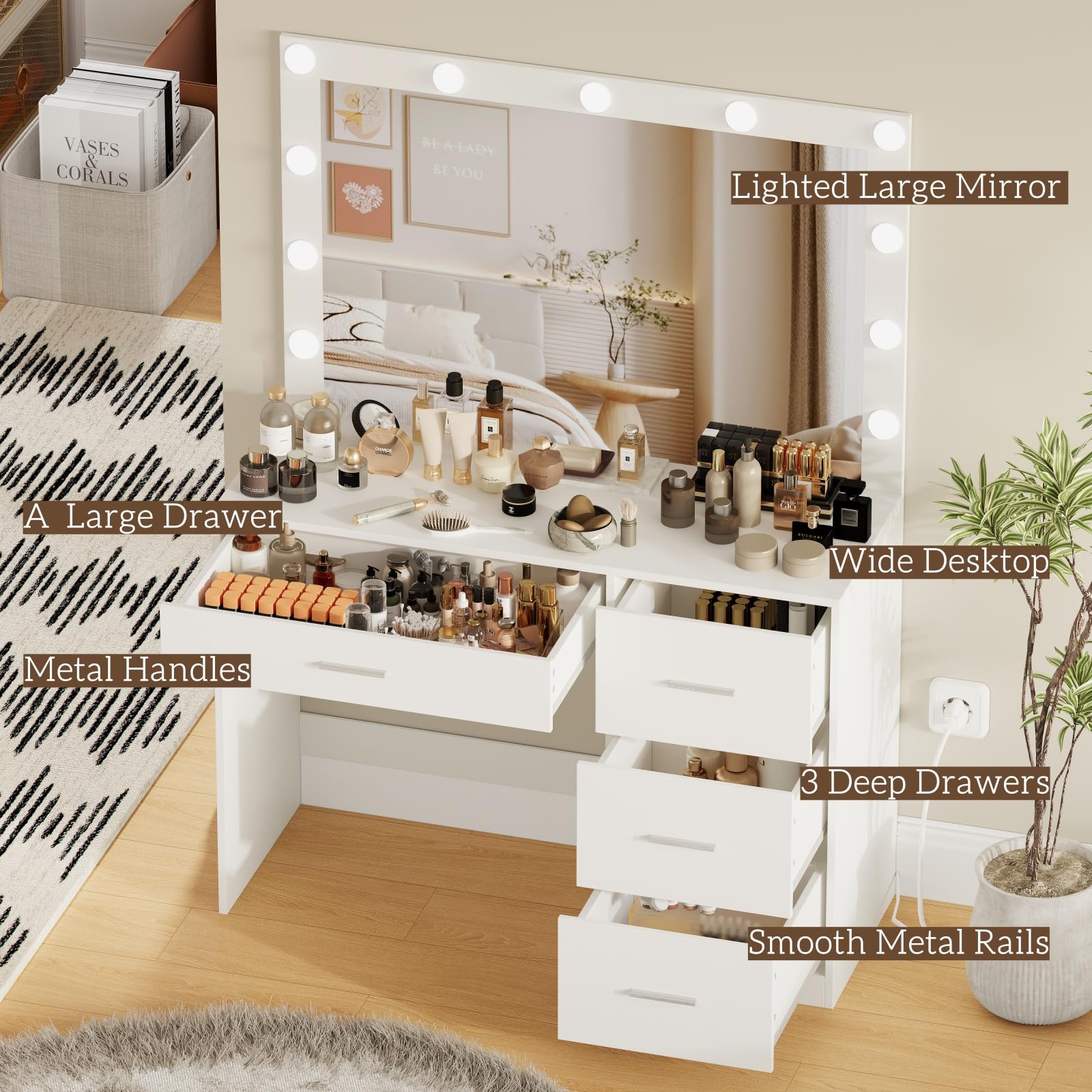 Irontar Makeup Vanity Table with Large Mirror & 11 Adjustable LED Lights, White Dressing Desk with 4 Drawers - Perfect Bedroom Vanity for Women | Ideal for Makeup Application, Skincare Routine & Home Decor