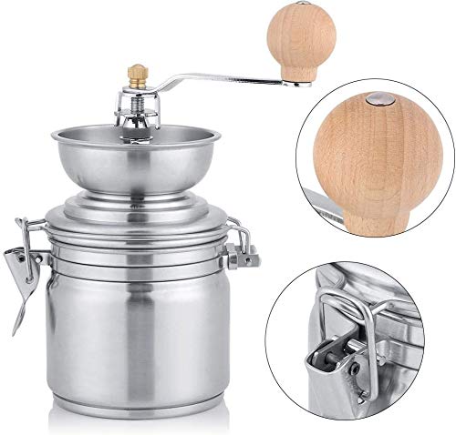 Premium Adjustable Stainless Steel & Ceramic Burr Coffee Grinder with Wooden Handle - Portable Manual Hand Mill for Fresh Coffee Beans, Spices, and Nuts - Perfect for Home, Camping, Travel & Barista Use (Sliver)