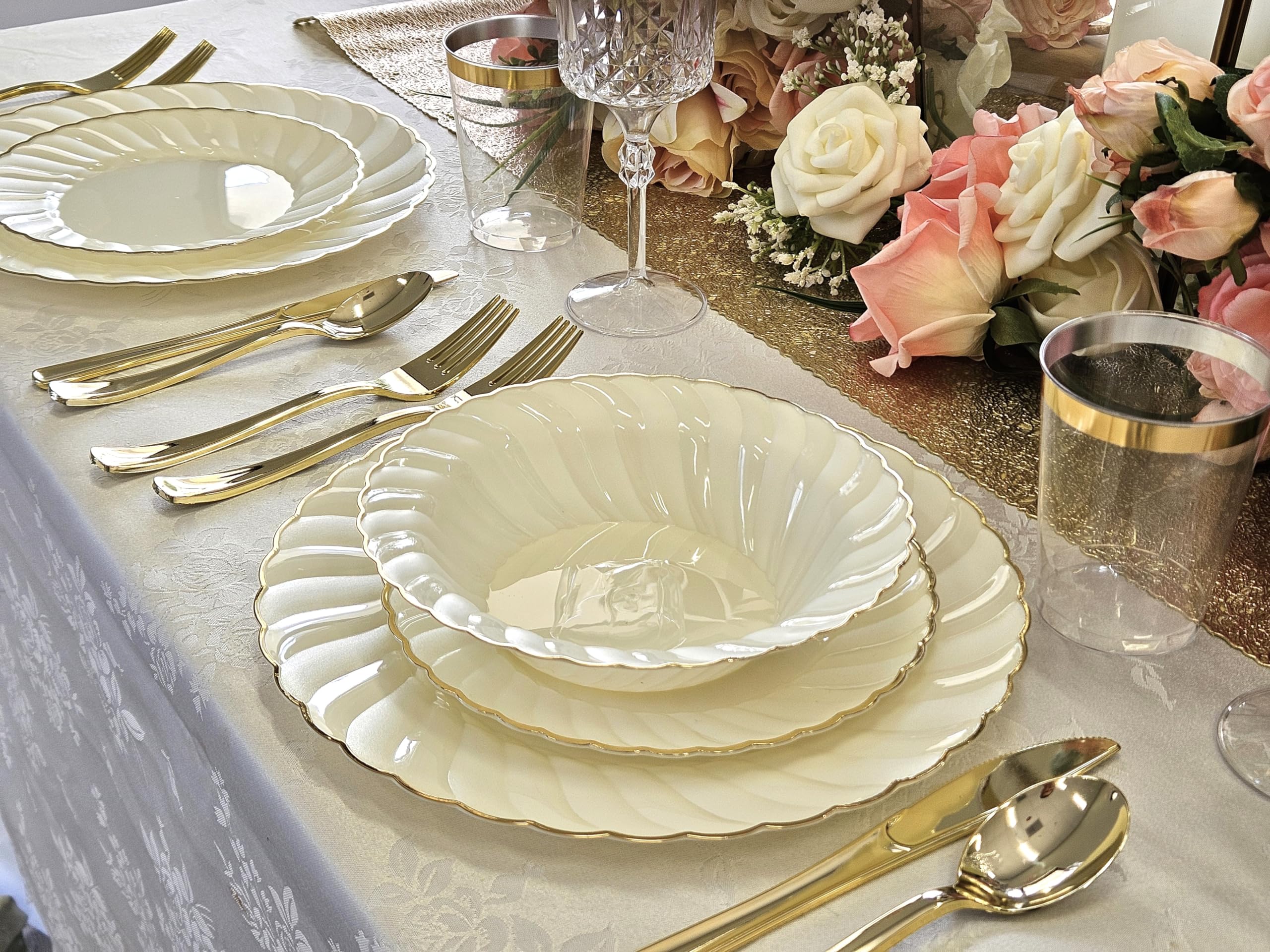 200-Piece Vintage Wedding Party Disposable Plastic Plates Set - 25x10.25'' & 25x7.5'' Plates, Silverware, Gold-Rim Cups, Napkins (Blossom Ivory & Gold) - Perfect for Weddings, Anniversaries, Bridal Showers & Elegant Events