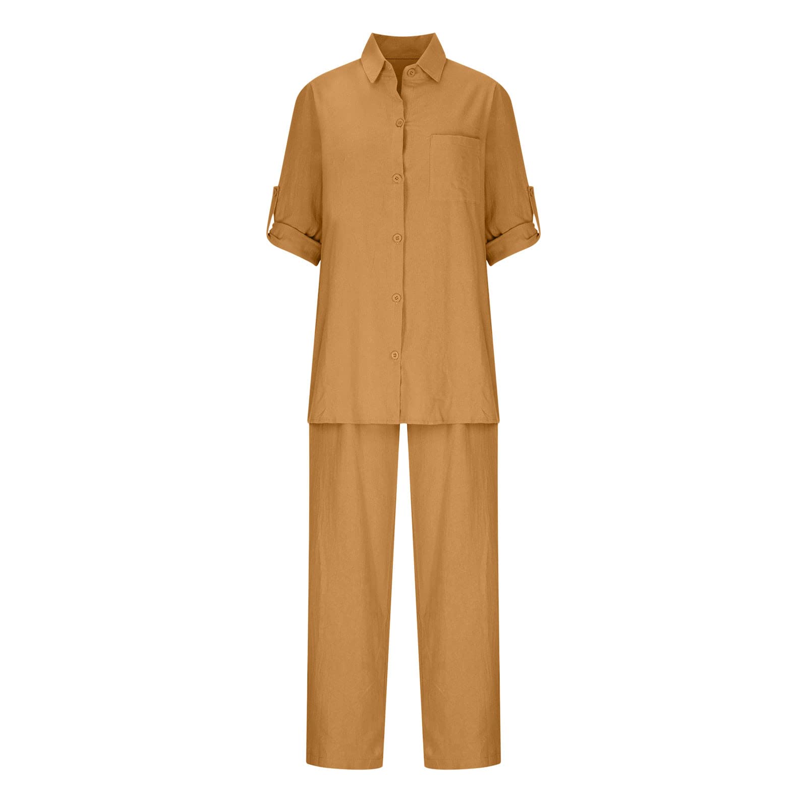 Women's 2-Piece Linen Outfit Set - Summer 2024 Casual Button Down Long Sleeve Top & Pants - Lightweight Comfortable Lounge Wear for Home, Vacation & Outdoor Activities