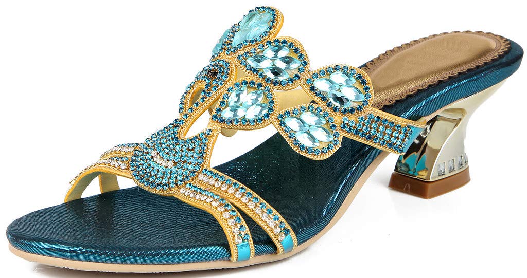 LizFoYa Women's Rhinestone Decorated Slip-On Heeled Sandals with Flower Cutout - Low Heel Dress Shoes for Party, Wedding & Evening Occasions