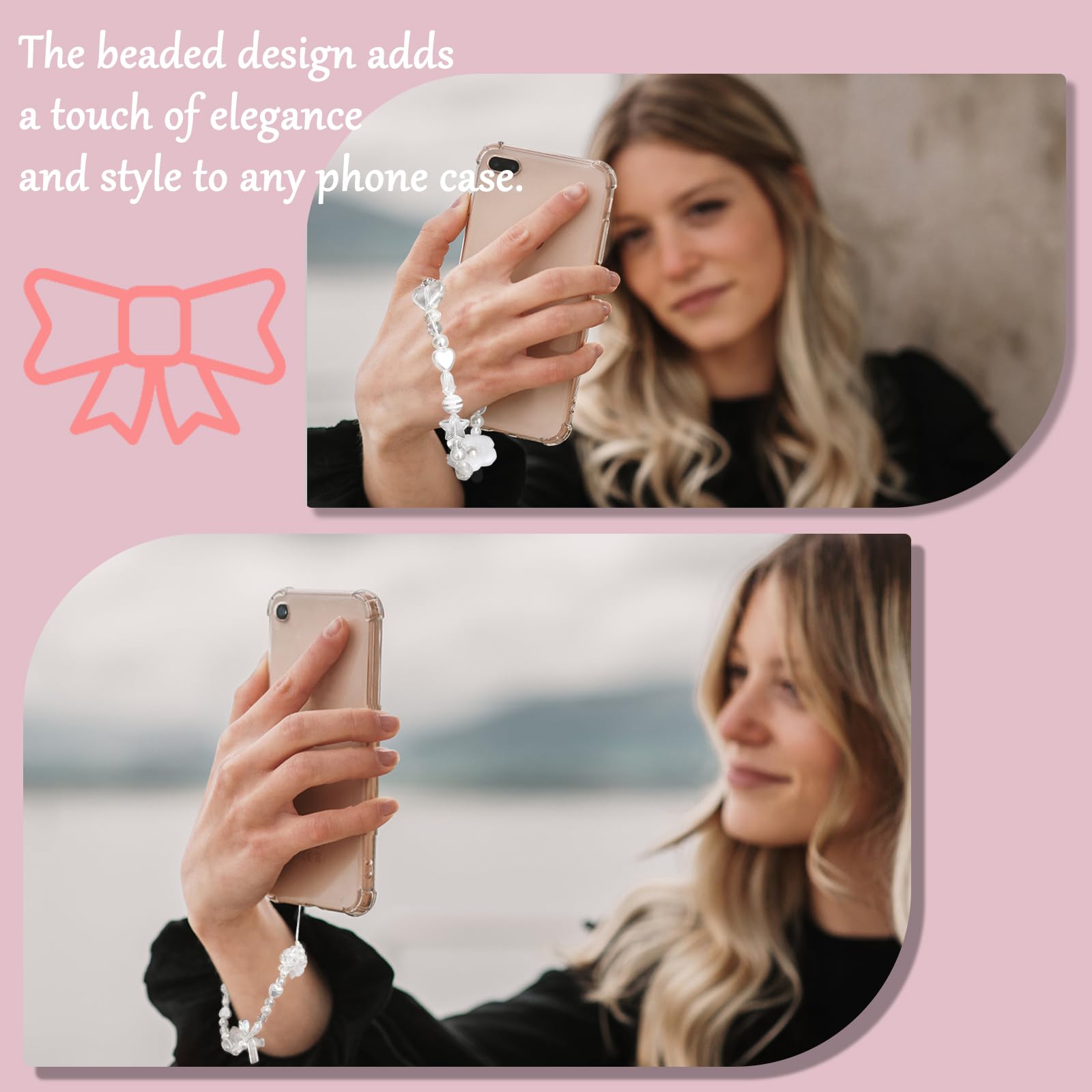 Cute Strawberry Phone Charms with Bowknot Heart - Aesthetic Beaded Phone Strap for iPhone, Samsung, AirPods & Keys - Kawaii Pink/White Accessory for Girls, Teens & Women (Perfect for School, Work & Travel)