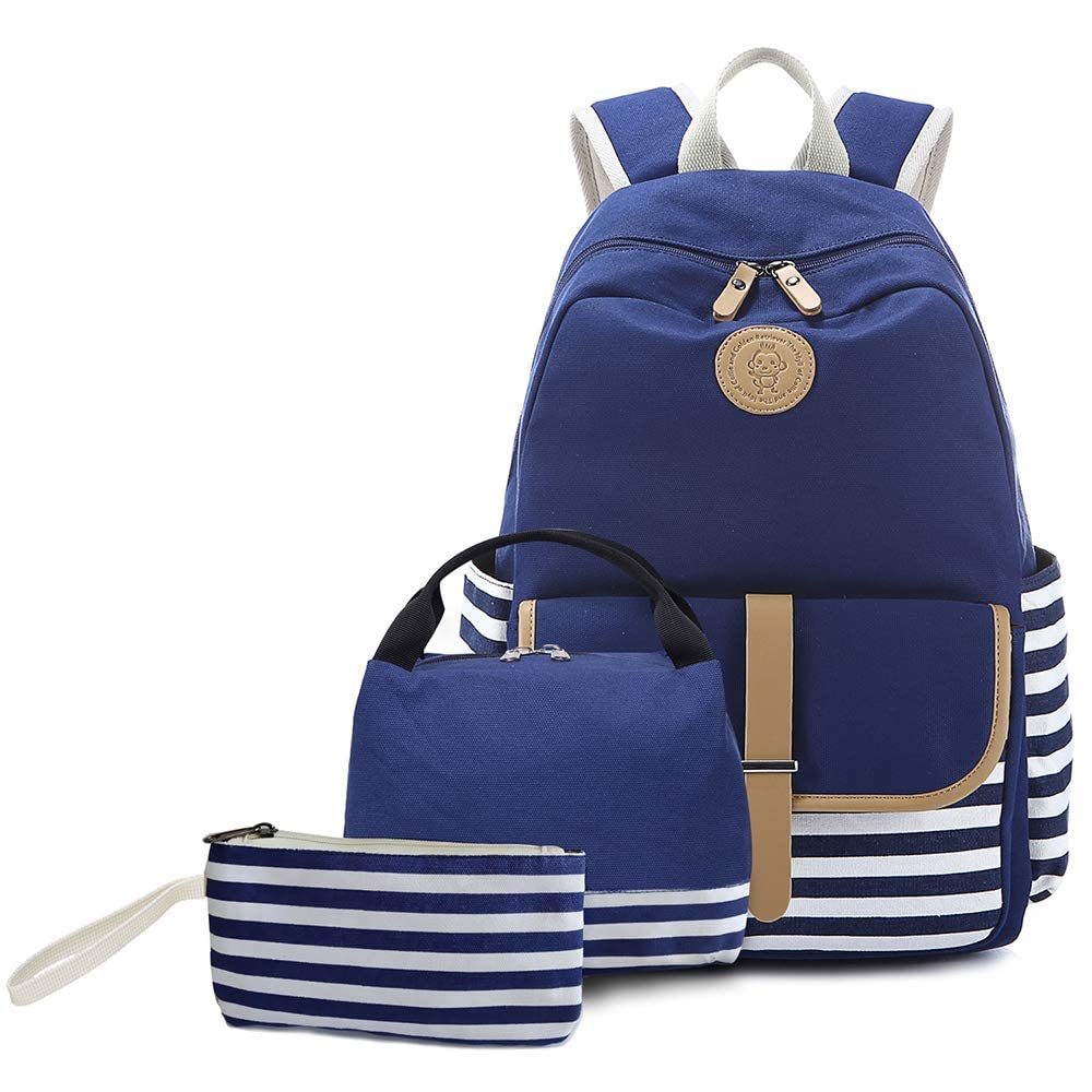 Joyfulife Lightweight Canvas Backpack for Girls - Striped School Bookbag with Lunch Box & Pencil Case | Perfect for Teens, Students, College & Daily Use