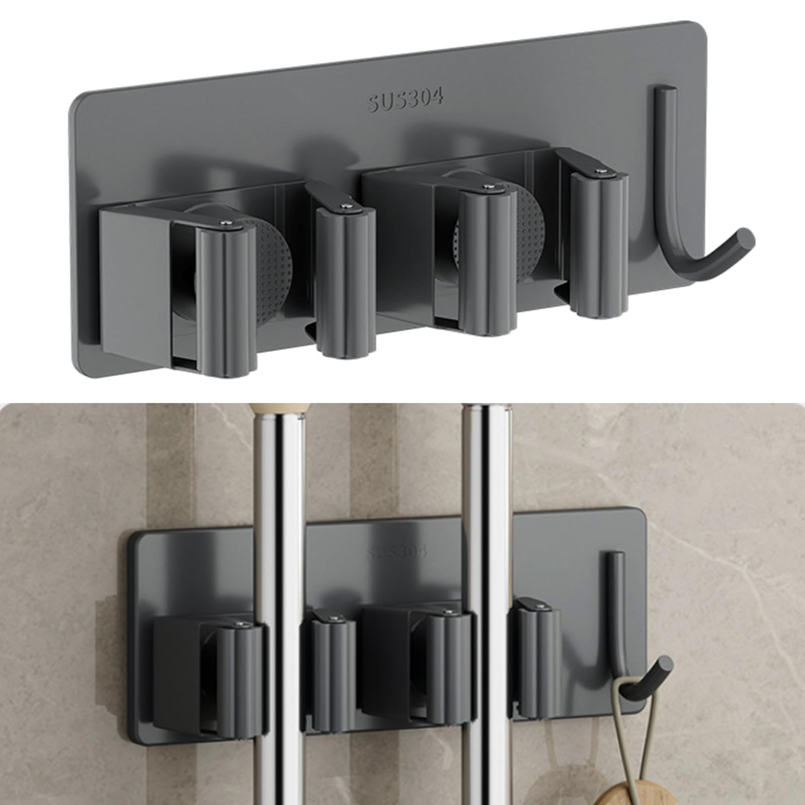 Wall Mounted Kitchen Broom Holder - Heavy Duty Garage Hanger Rack for Mops & Brooms | Space Saving Home Organization Tool for Pantry, Laundry Room & Utility Closet Storage