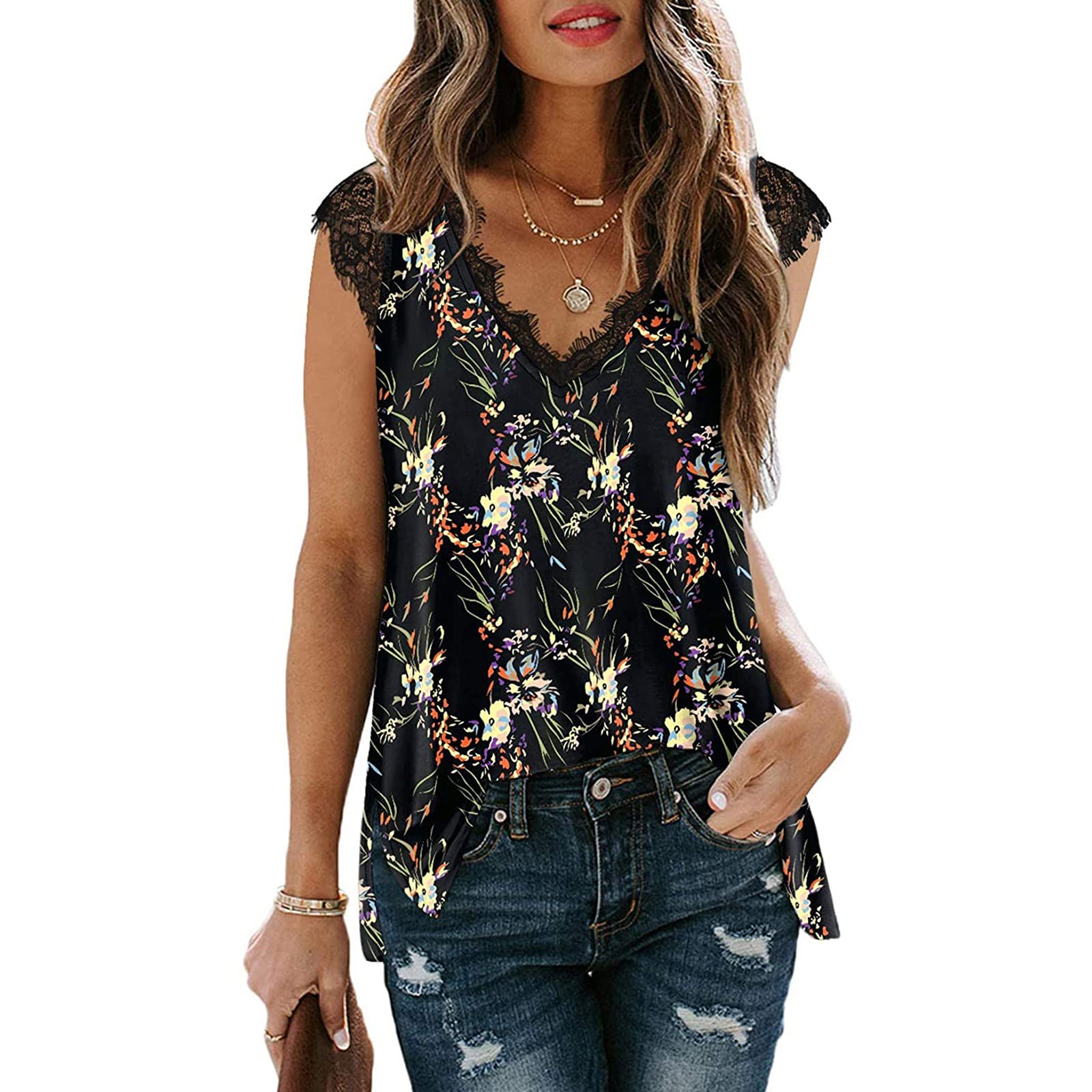 FMCHICO Women's Sexy V-Neck Lace Trim Tank Top - Elegant Camisole Blouse for Casual Wear, Date Night & Summer Outfits