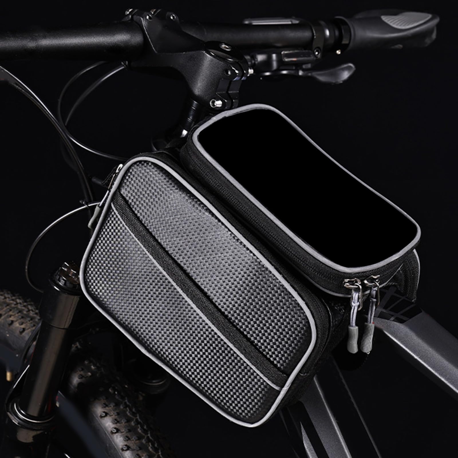 **Mountain Bike Front Frame Bag - Large Capacity Top Tube Pouch Pannier with Touch Screen Phone Holder - Perfect for Cycling, Commuting & Outdoor Adventures**