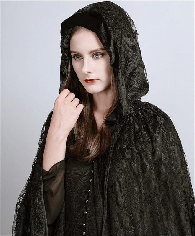 Elegant Halloween Lace Net Cape for Women - Gothic Witch Costume Accessory for Parties & Cosplay