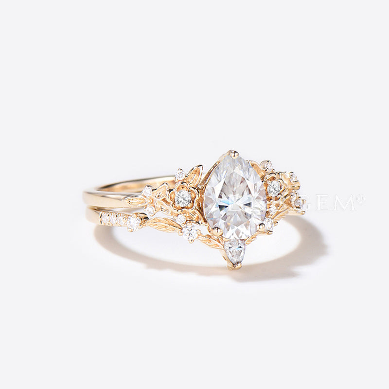 IGI Certified Pear Lab Grown Diamond Engagement Ring - 14k Gold Floral Leaf Wedding Band Set for Bridal, Anniversary & Special Occasions