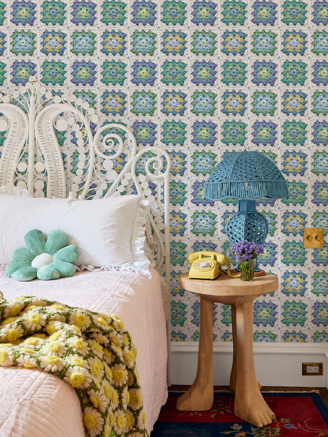 Lingua Franca Granny Squares Wallpaper - Vintage Crochet Pattern Green & Blue Peel and Stick Wallpaper for Nursery, Bedroom or Boho Home Decor