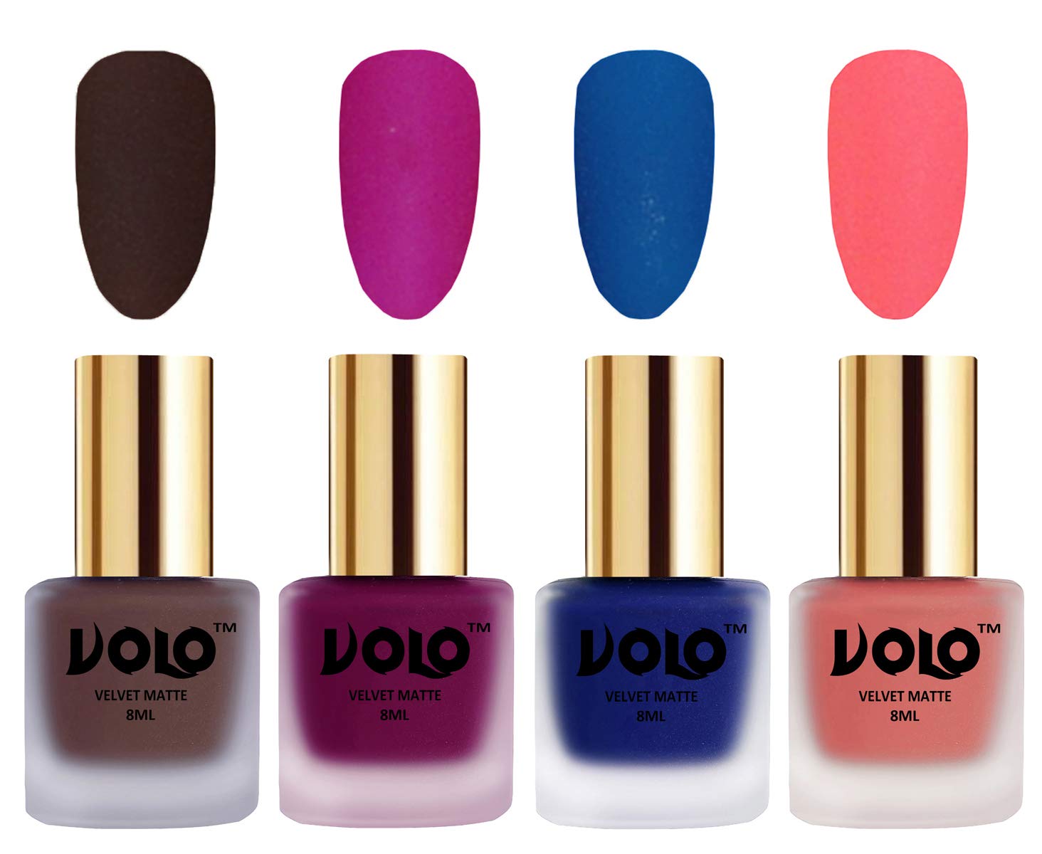 Volo Velvet Matte Nail Polish Set - Pack of 4 (Chocolate Brown, Magenta, Blue, Dark Peach) 32ml - Long Lasting Vegan Nail Colors for Parties, Weddings & Special Occasions