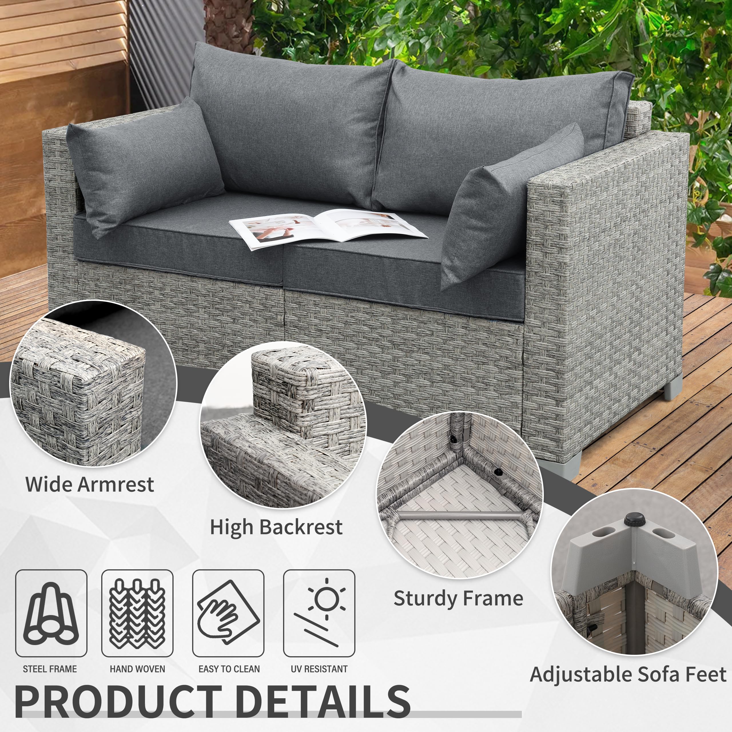WAROOM Outdoor Patio Loveseat - PE Rattan 2-Seater Wicker Sofa with Gray Cushion, Deep Seating Small Couch for Garden, Balcony & Backyard Relaxation