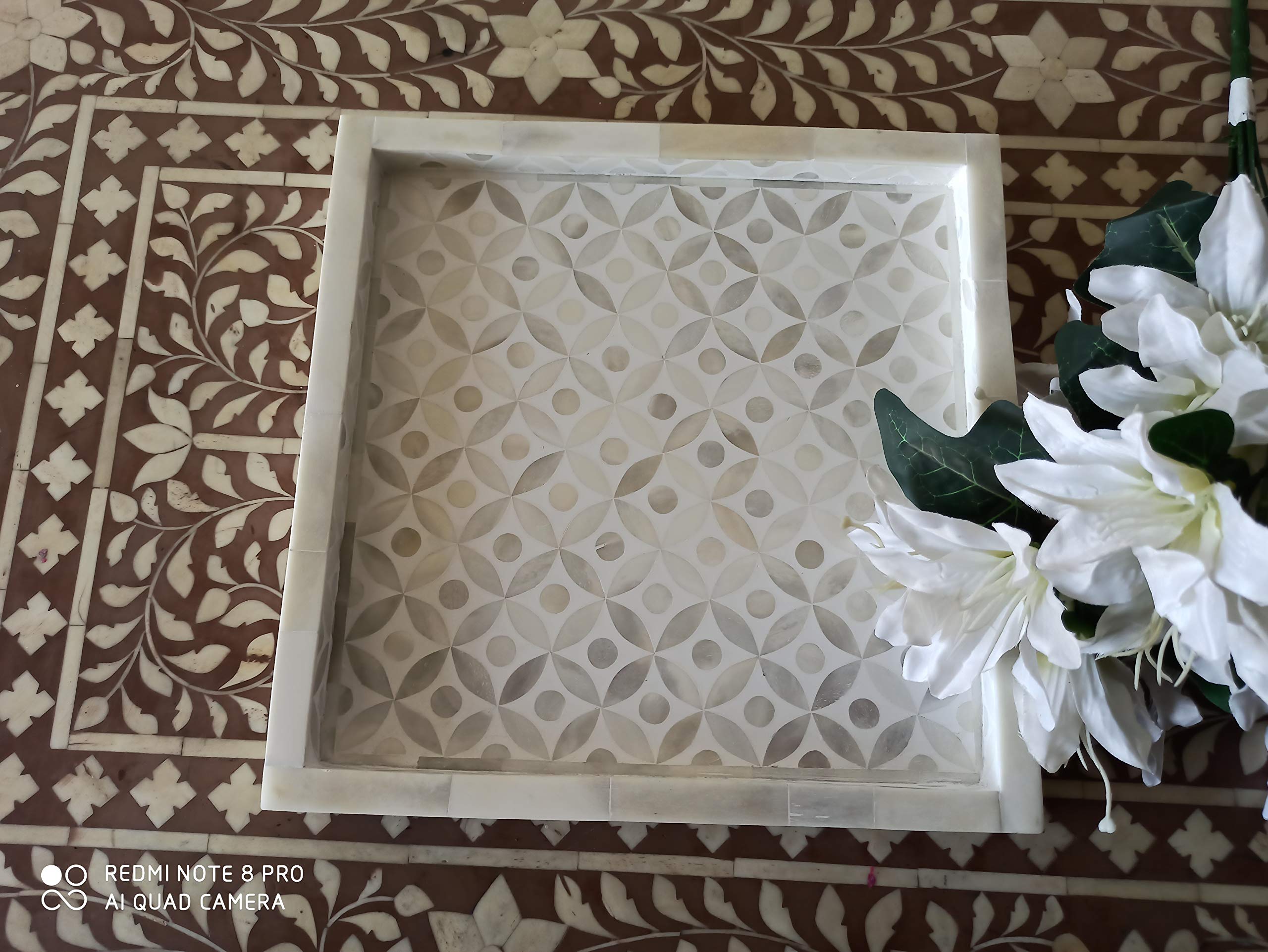 Handcrafted Antique Bone Inlay Serving Tray - White Wooden Decorative Ottoman Tray for Breakfast in Bed, Coffee Table Decor & Home Accessories | Fairdeal Handicrafts
