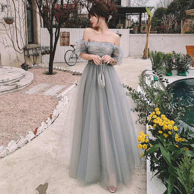 Elegant Off Shoulder Tulle Long Prom Dress in Gray Green - Formal Evening Gown for Homecoming, Wedding & Special Occasions | Style 299