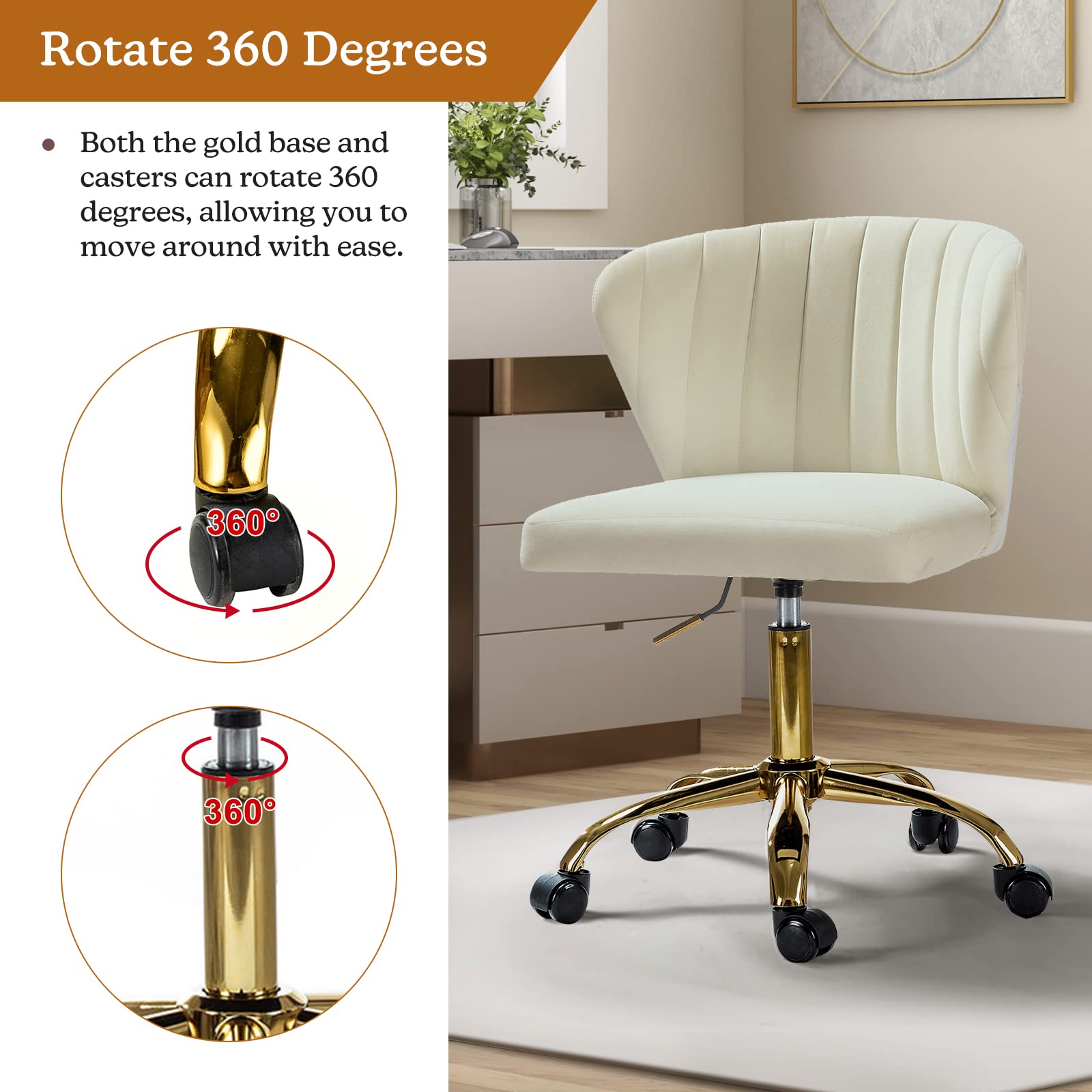 TINA'S HOME Modern Velvet Office Chair with Wheels & Gold Base - Adjustable Low Back Swivel Rolling Task Chair, Armless Upholstered Desk Chair for Home Office, Living Room, Vanity or Study - Ivory