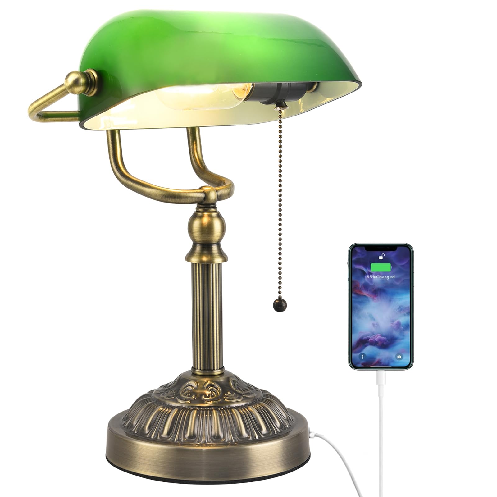 Vintage Green Glass Bankers Desk Lamp with USB Charging Port - Mid Century Farmhouse Style Pull Chain Table Lamp for Home Office, Study & Library - Perfect for Reading, Working & Decorating