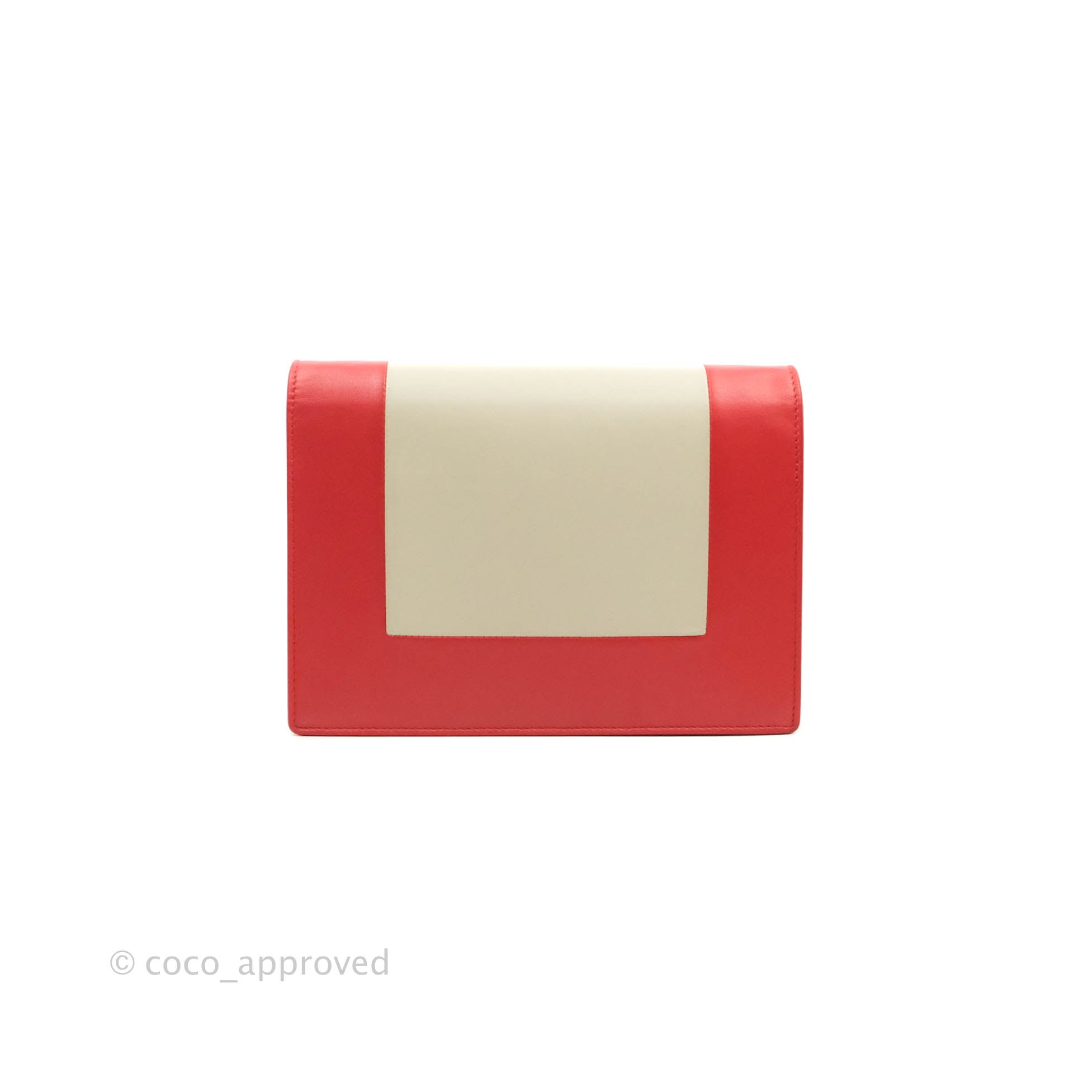 Celine Frame Evening Chain Clutch Bag in Ivory & Red Smooth Lambskin Leather with Gold Hardware - Perfect for Parties, Weddings & Special Occasions
