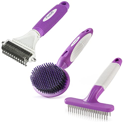 Premium Round Bristle Pet Brush & Dog Grooming Rake with Dematting Comb Set - Gentle Detangling for Dogs & Cats - Perfect for Shedding Control, Coat Shine & Daily Grooming at Home