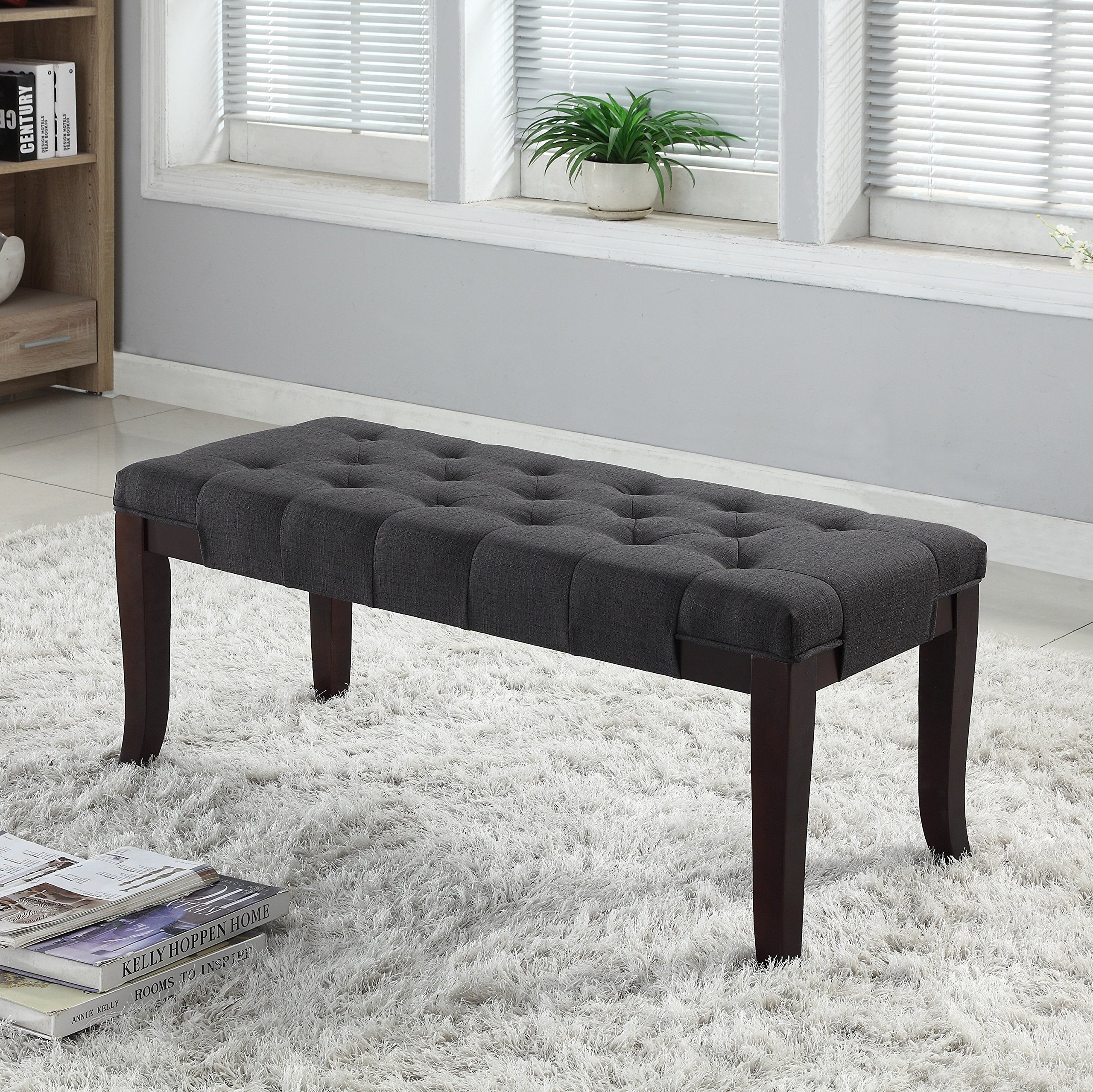 Roundhill Furniture Linon Fabric Tufted Bench - Gray Upholstered Storage Ottoman with Button Tufting for Living Room, Bedroom & Entryway Decor