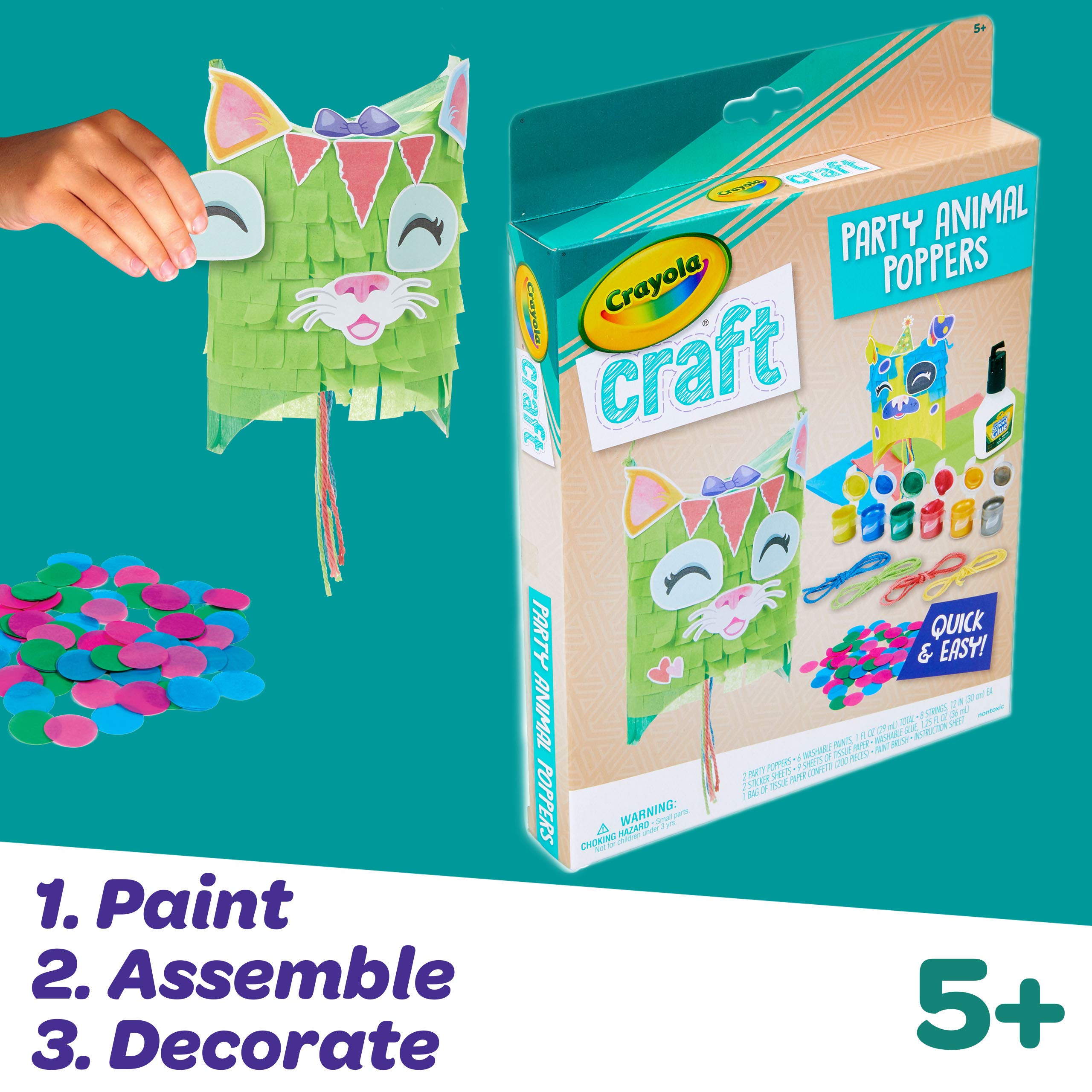 Crayola Craft Confetti Party Poppers - Animal Themed DIY Craft Kit for Kids Ages 5-8, Creative Gift for Birthdays, Classroom Activities & Holiday Celebrations