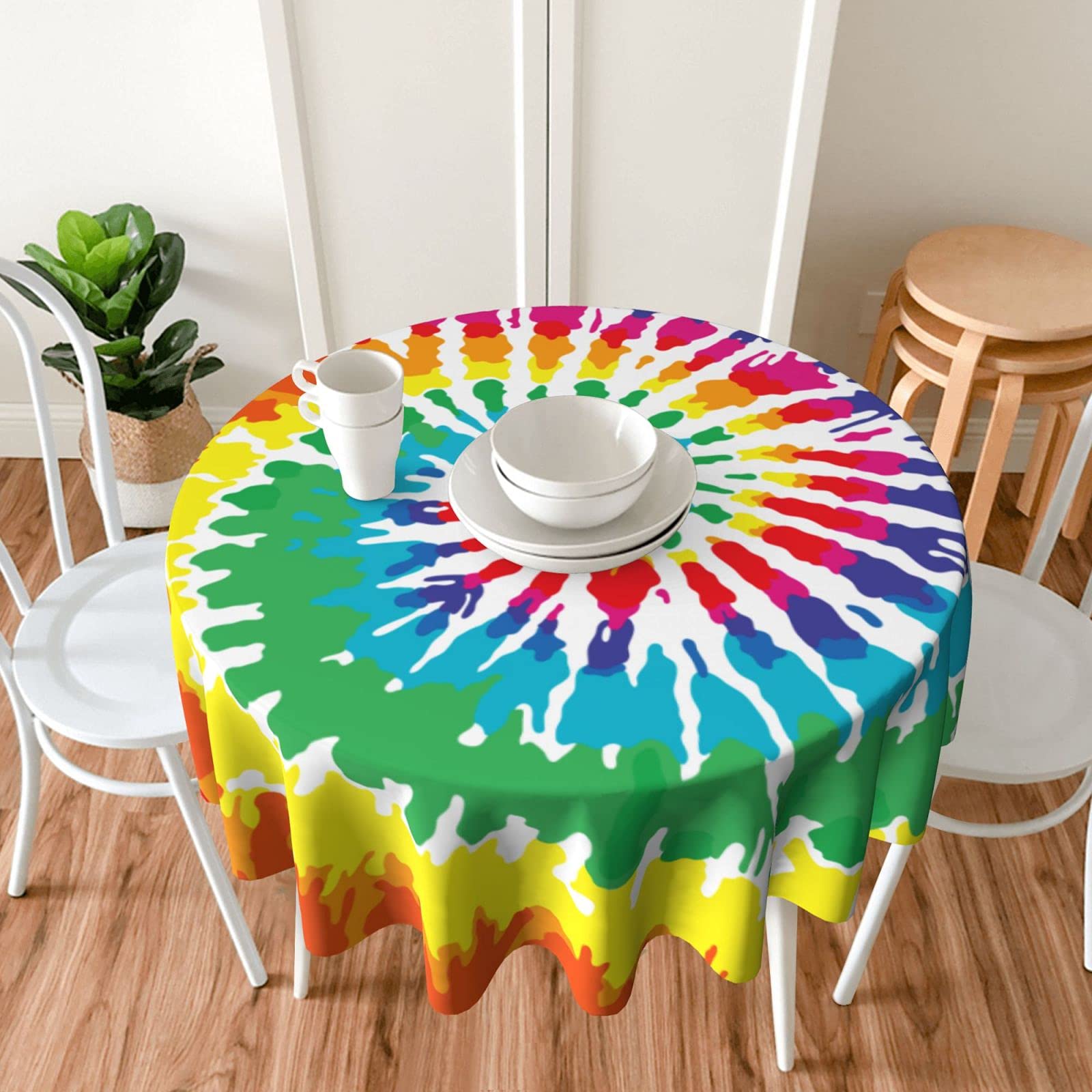 Vibrant Tie-Dye Rainbow Peace Round Tablecloth - Thickened Washable Table Cover for Kitchen, Dining, Party Decor (60 Inch) | Perfect for Boho Home Decor, Outdoor Picnics & Festive Gatherings